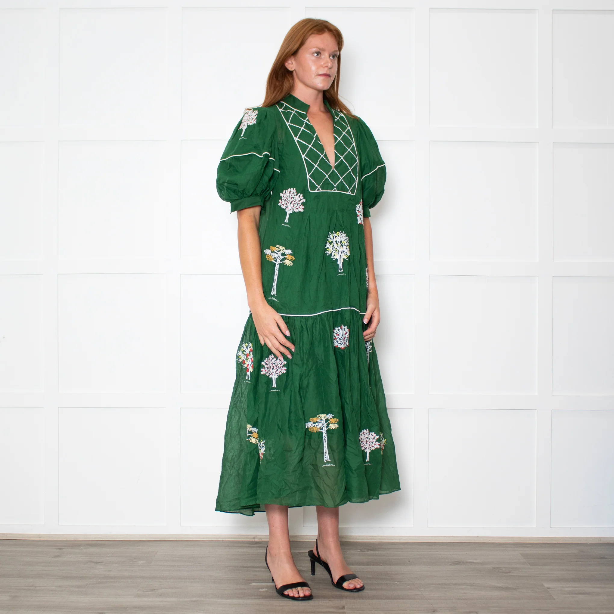 Farm Rio Green Short Sleeve Embroidered Trees Midi Dress - Image 7