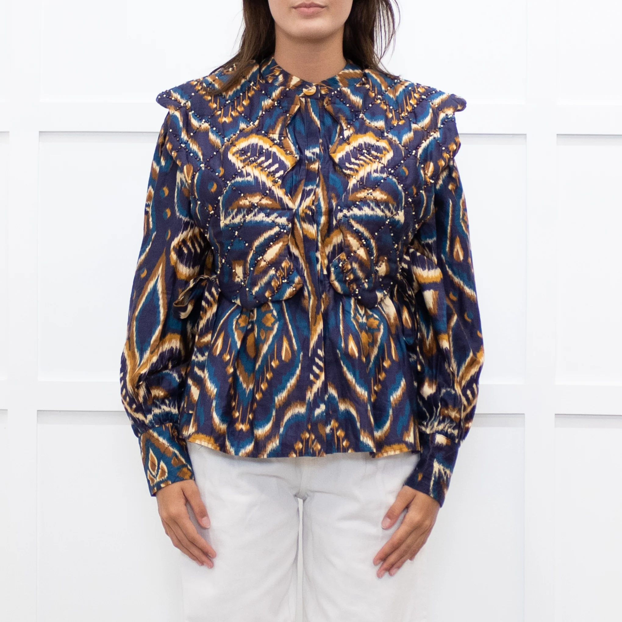 Farm Rio Navy Brown Beaded Quilted Detail Long Sleeve Top - Image 2