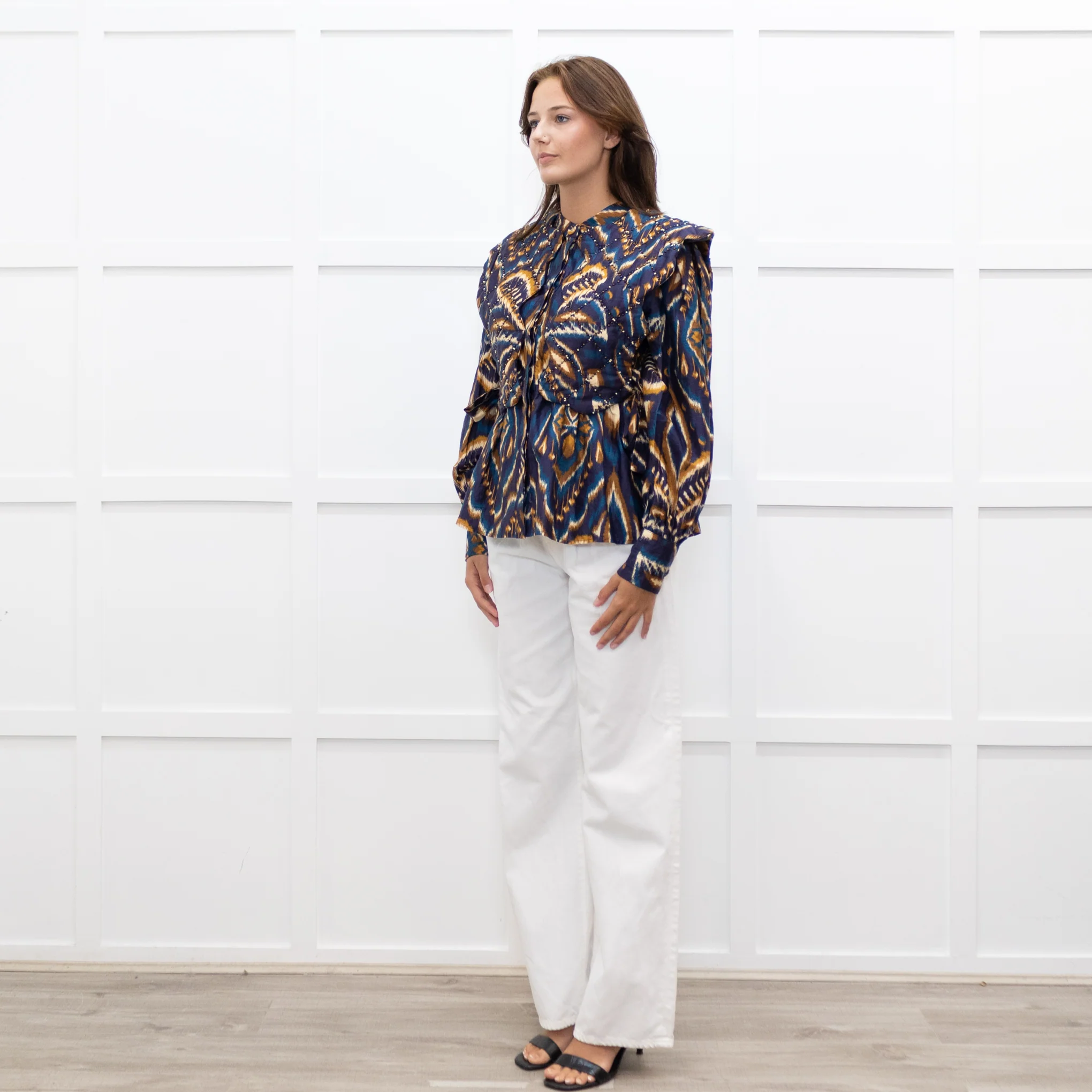 Farm Rio Navy Brown Beaded Quilted Detail Long Sleeve Top - Image 3