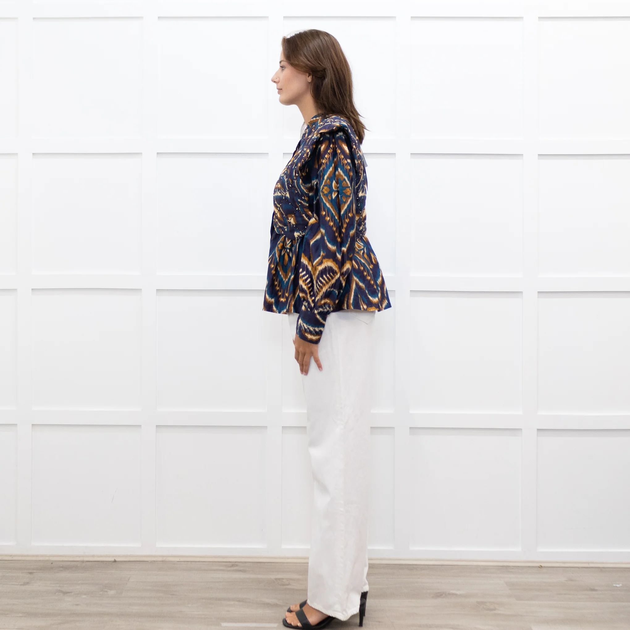 Farm Rio Navy Brown Beaded Quilted Detail Long Sleeve Top - Image 4