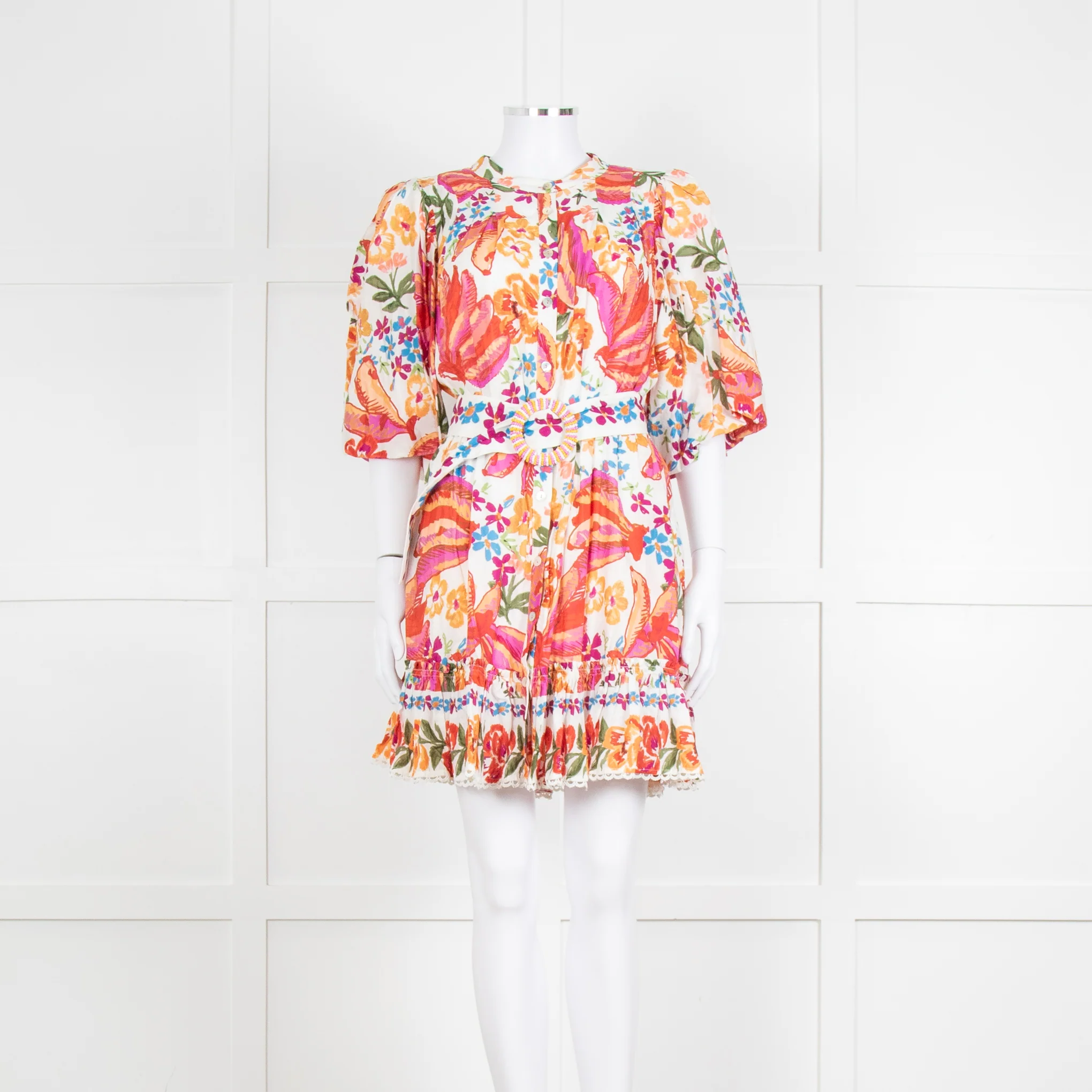 Farm Rio Orange and Pink Spring Bananas Mini Dress with Beaded Belt