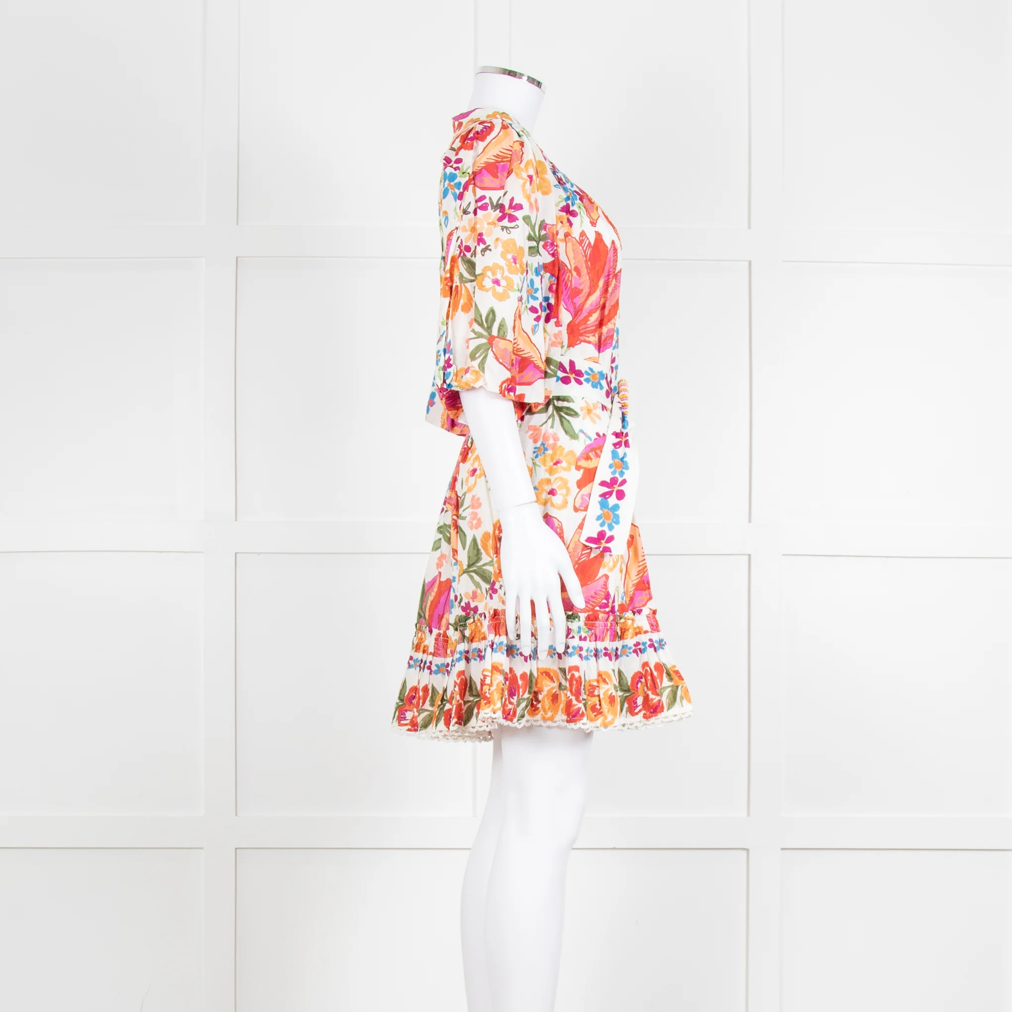 Farm Rio Orange and Pink Spring Bananas Mini Dress with Beaded Belt - Image 3