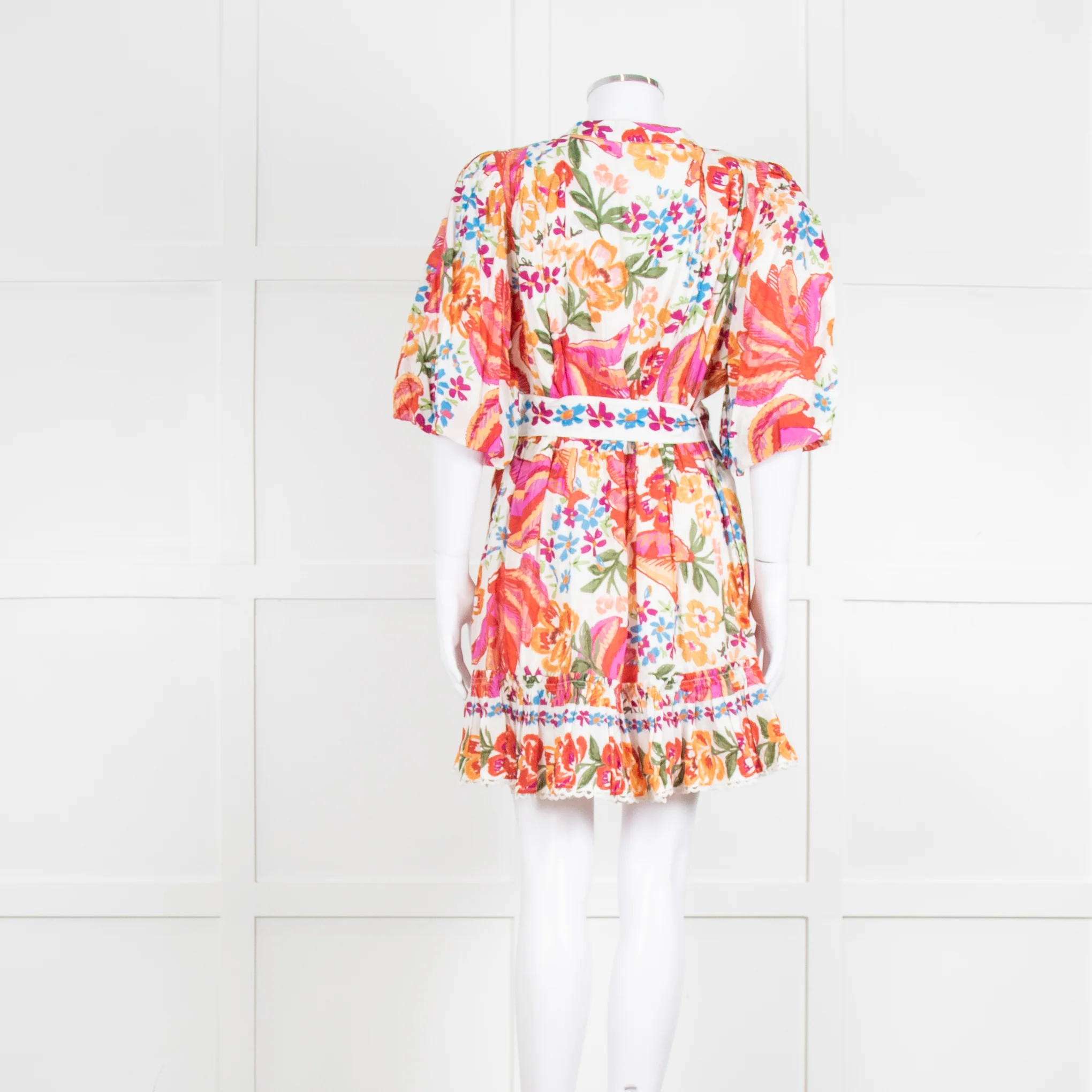 Farm Rio Orange and Pink Spring Bananas Mini Dress with Beaded Belt - Image 4