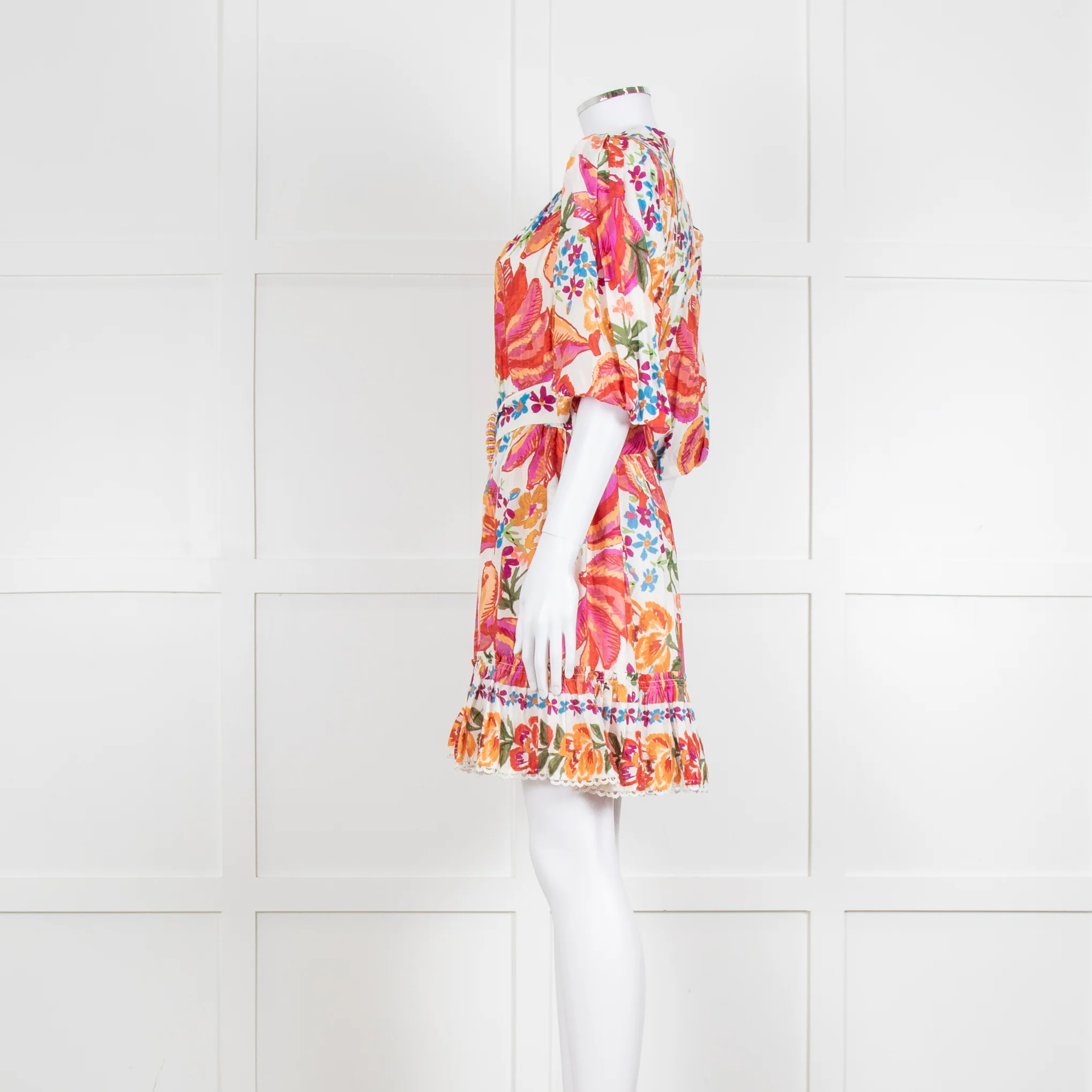 Farm Rio Orange and Pink Spring Bananas Mini Dress with Beaded Belt - Image 6