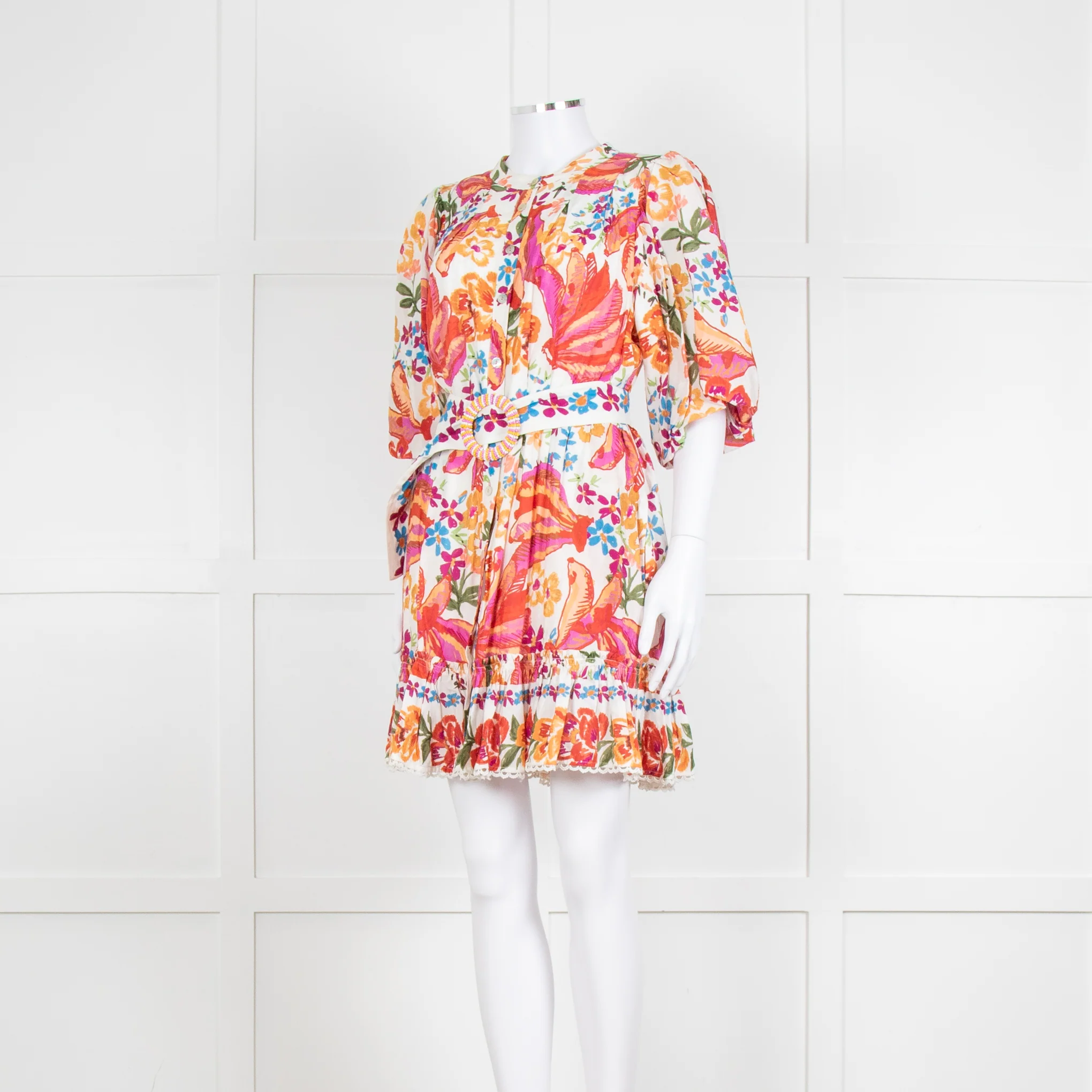 Farm Rio Orange and Pink Spring Bananas Mini Dress with Beaded Belt - Image 7