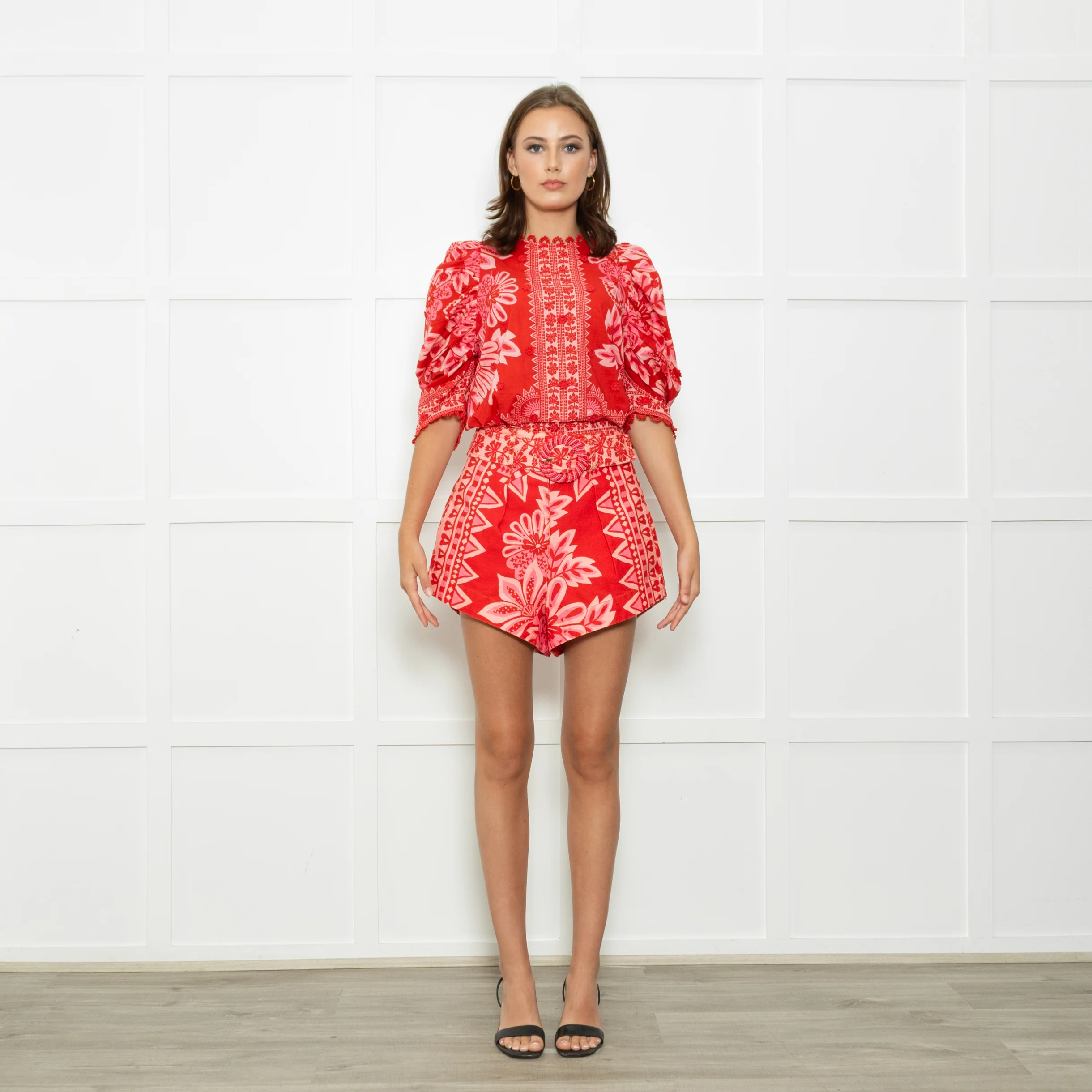 Farm Rio Red And Pink Big Flower Print Top