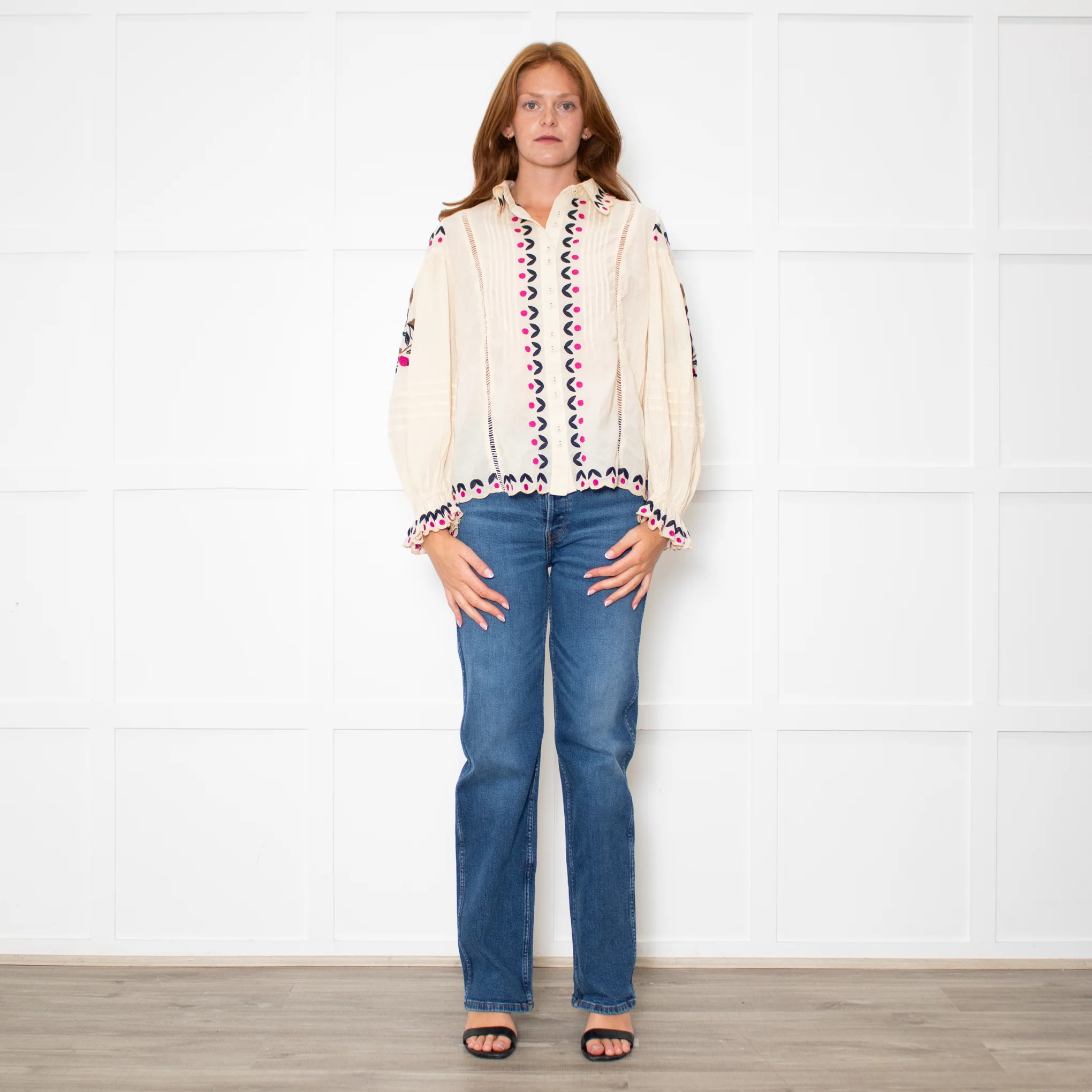 Farm Rio Sand Embroidered Collared Blouse