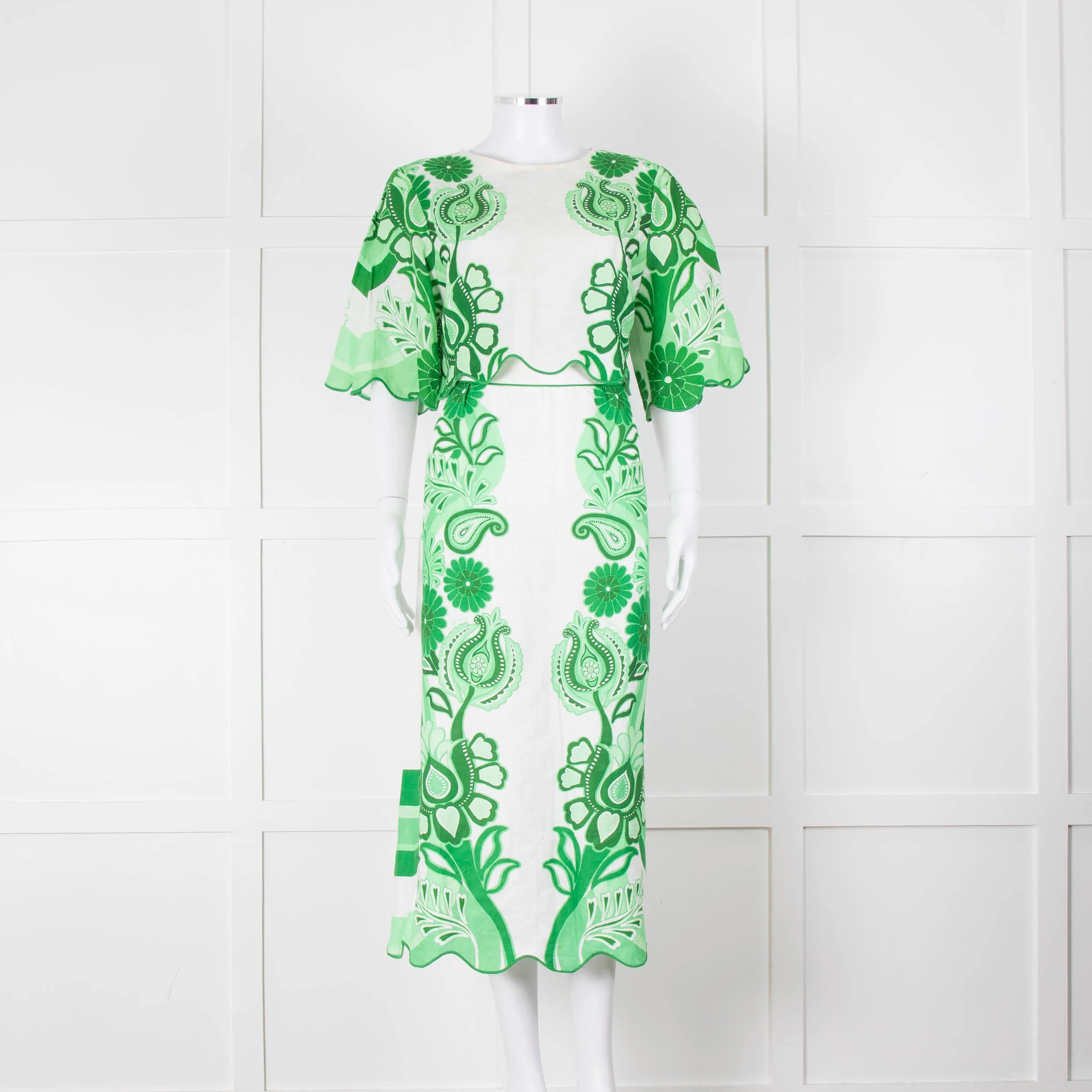 Farm Rio White and Green Linen Short Sleeve Blouse