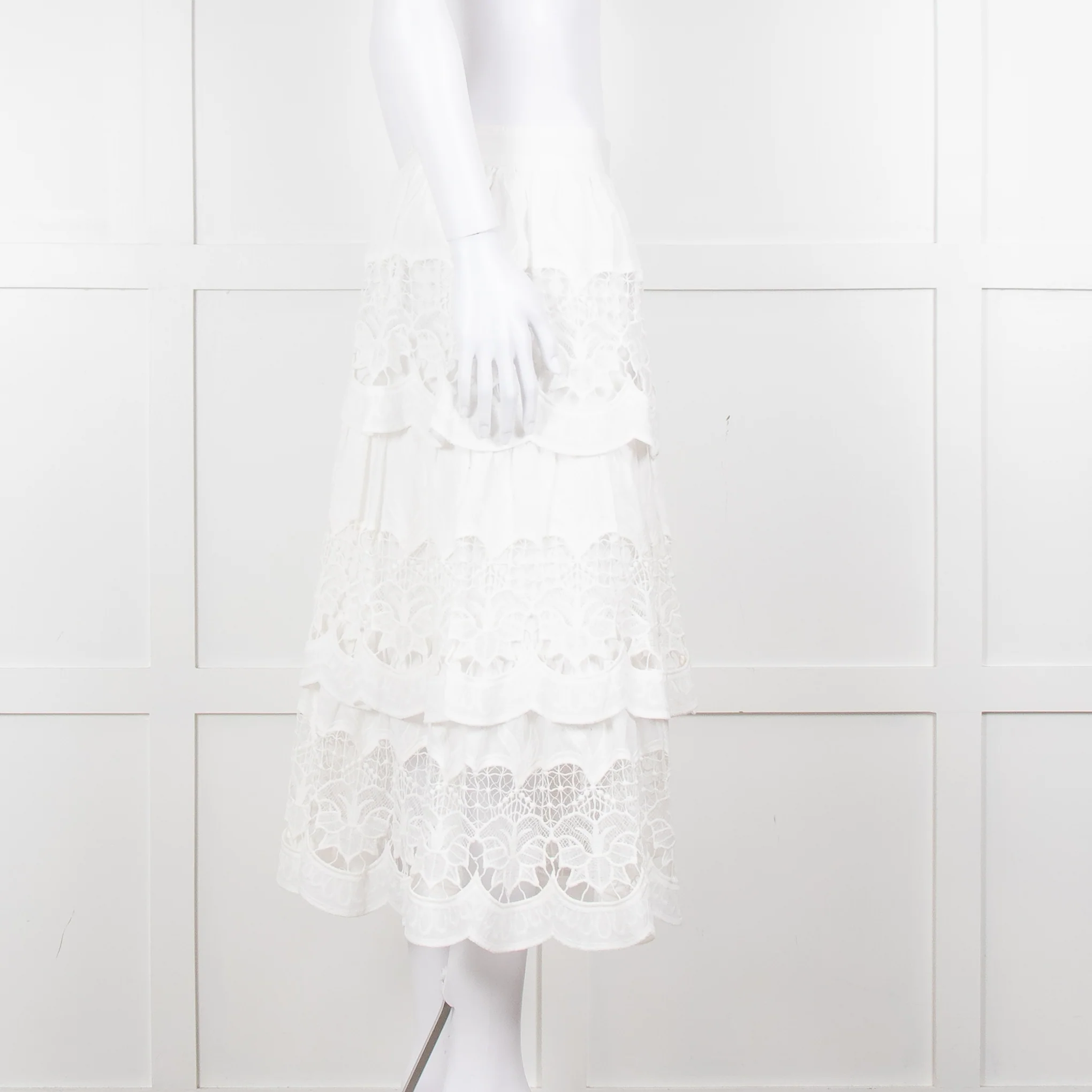 Farm Rio White Cotton Broderie Anglaise Midi Skirt - Image 3