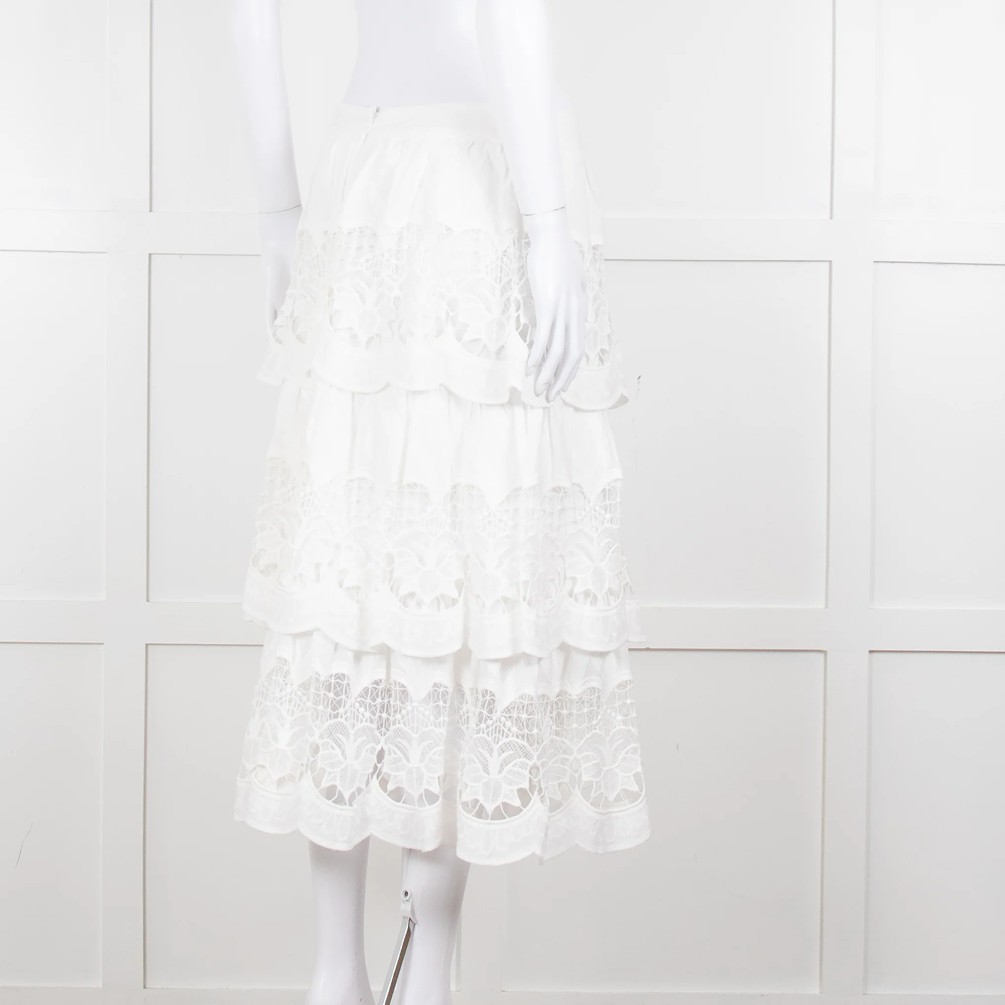 Farm Rio White Cotton Broderie Anglaise Midi Skirt - Image 4