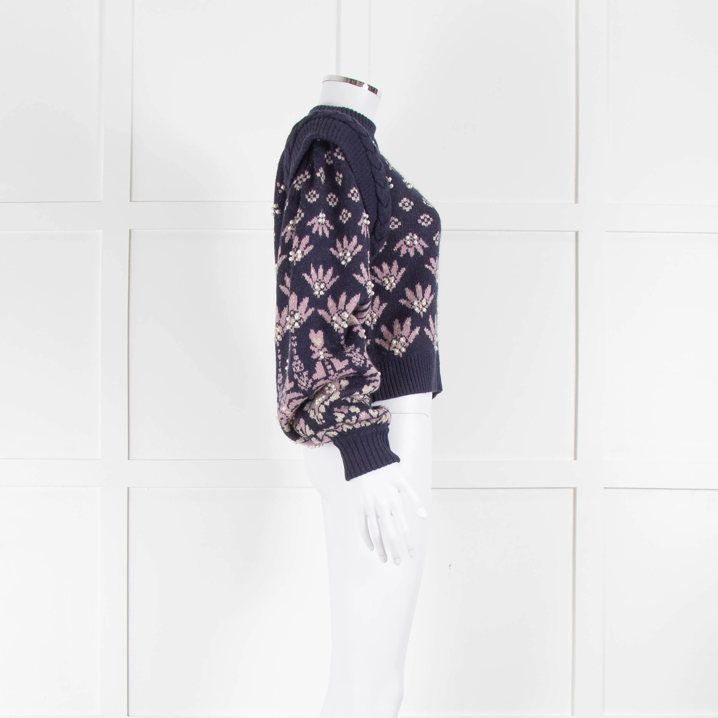 Farm Rio Navy Blue Pink Pearl Detail Sweater - Image 2