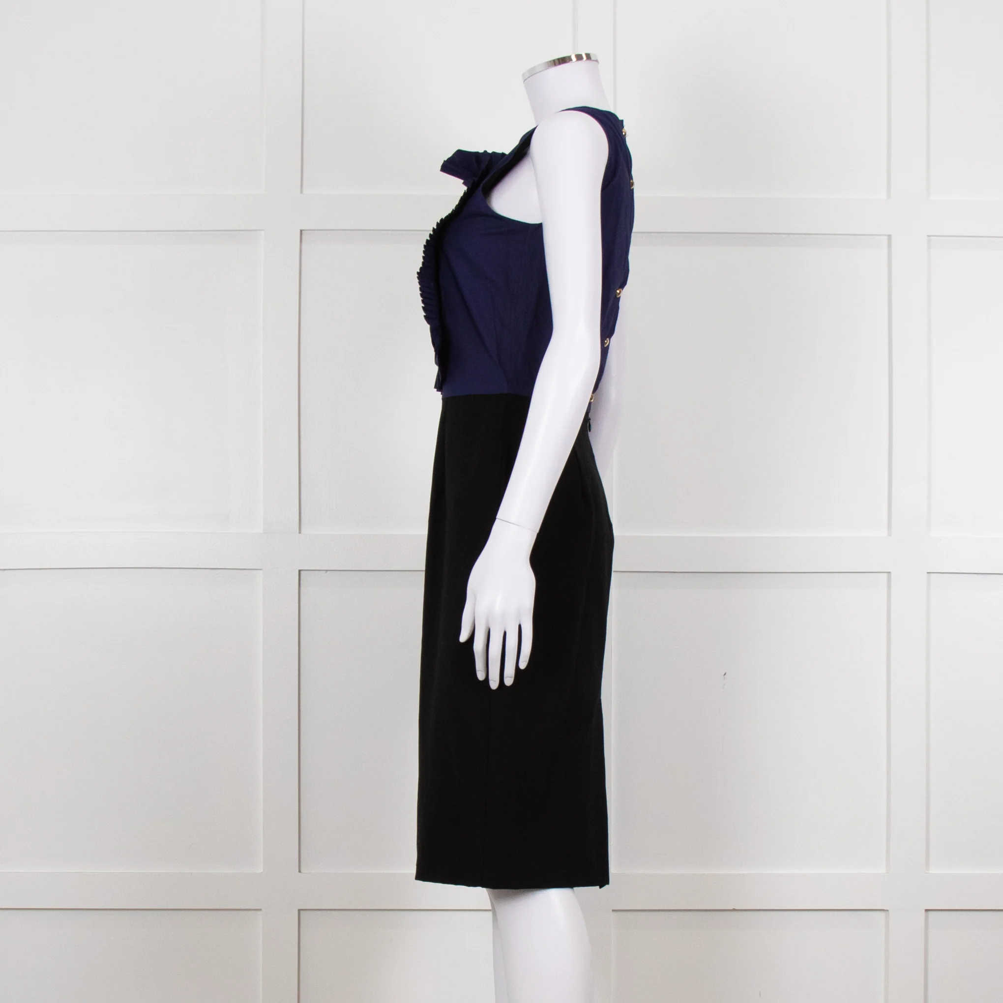 Fendi Black Blue Ruffle Shift Dress Gold Back Buttons - Image 3