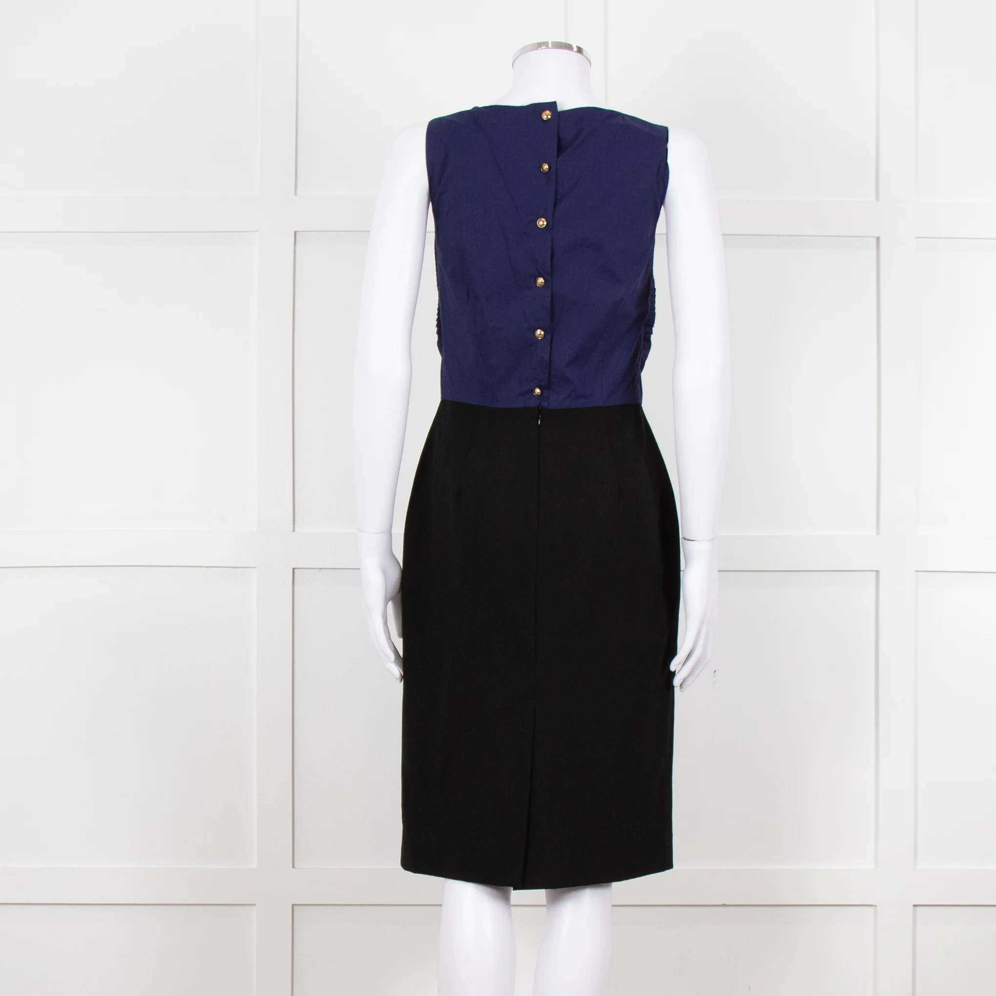 Fendi Black Blue Ruffle Shift Dress Gold Back Buttons - Image 5