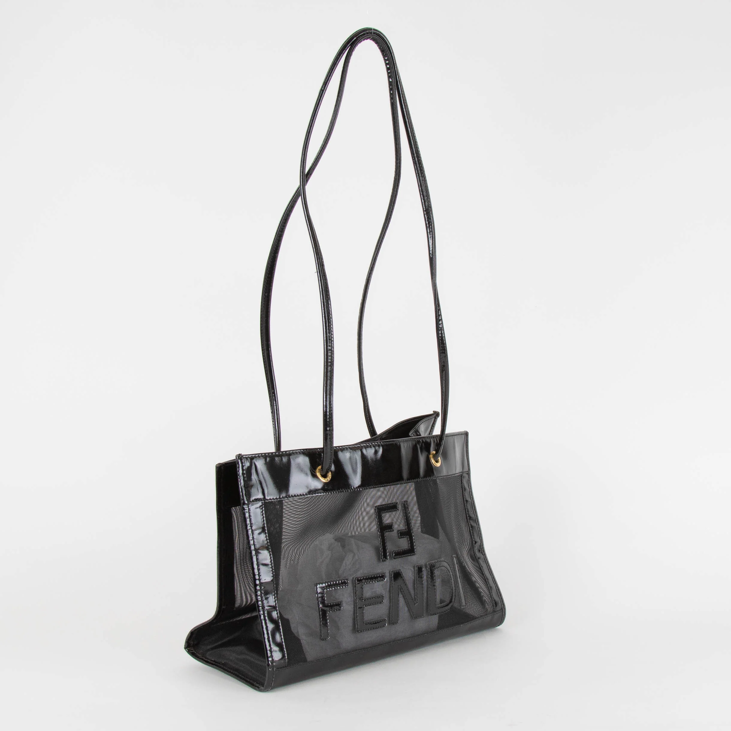 Fendi Black Leather Trim Mesh Logo Tote Bag - Image 3