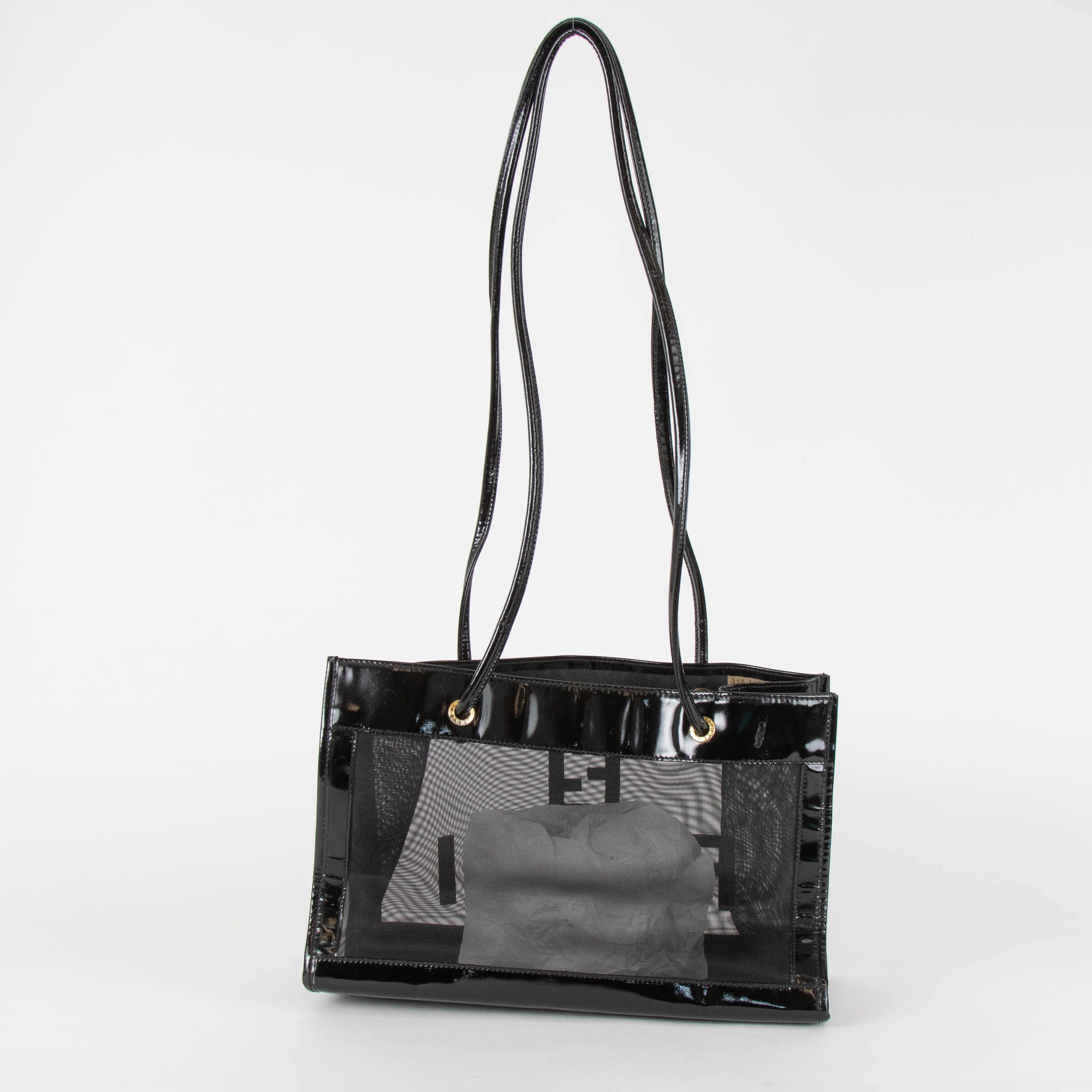 Fendi Black Leather Trim Mesh Logo Tote Bag - Image 5