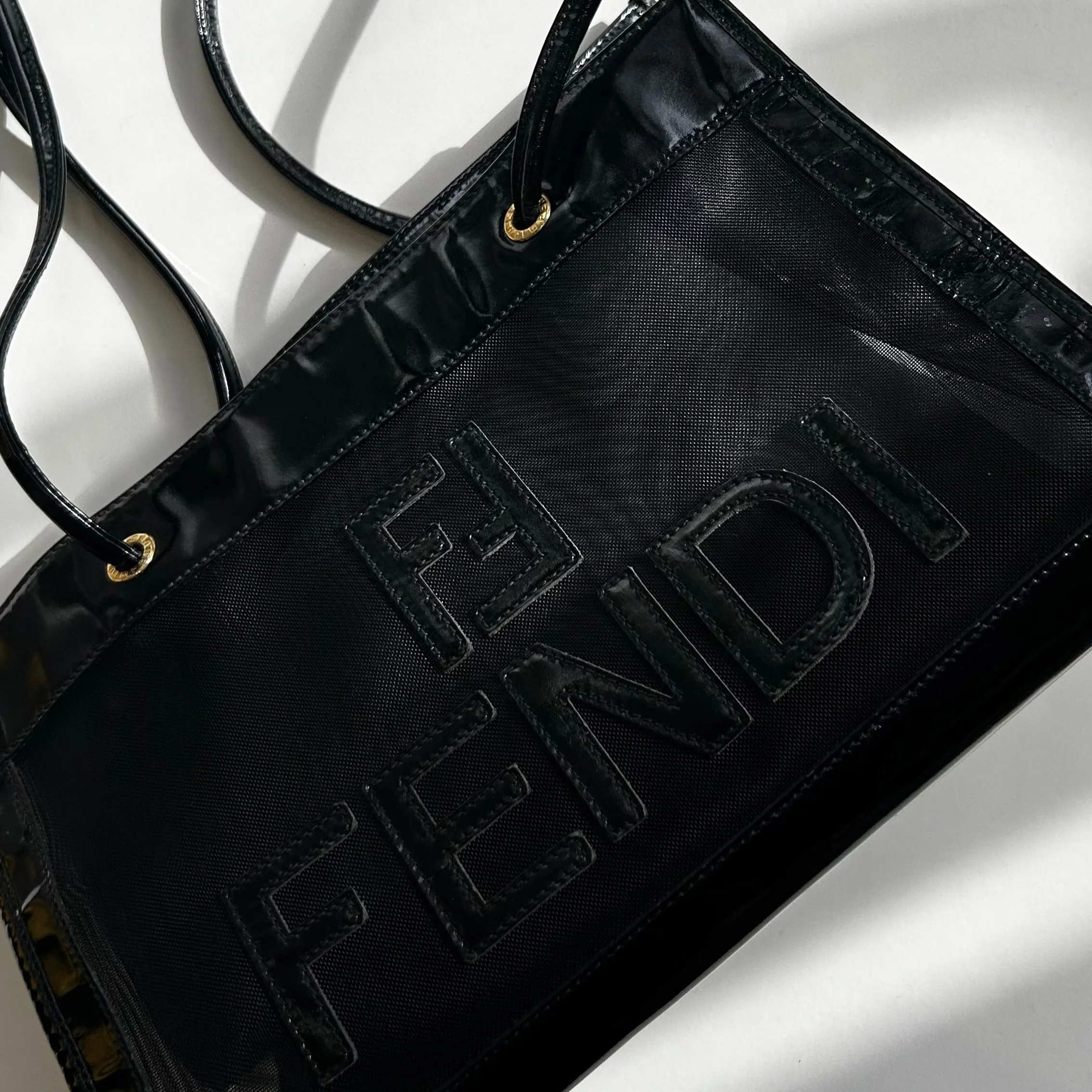 Fendi Black Leather Trim Mesh Logo Tote Bag - Image 8