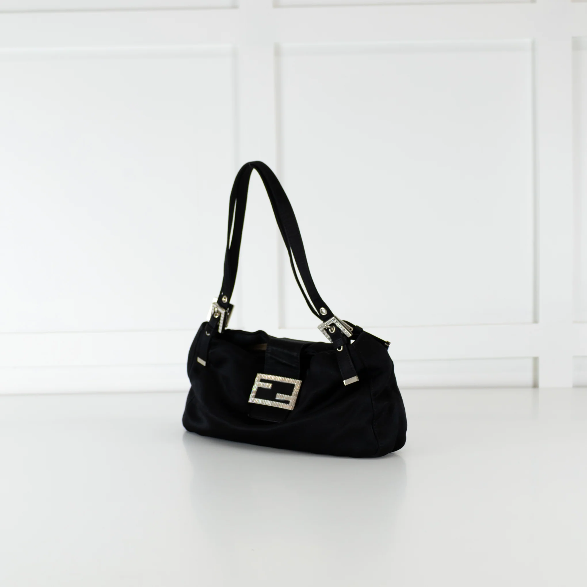 Fendi Black Satin Crystal Buckle Baguette Bag - Image 4