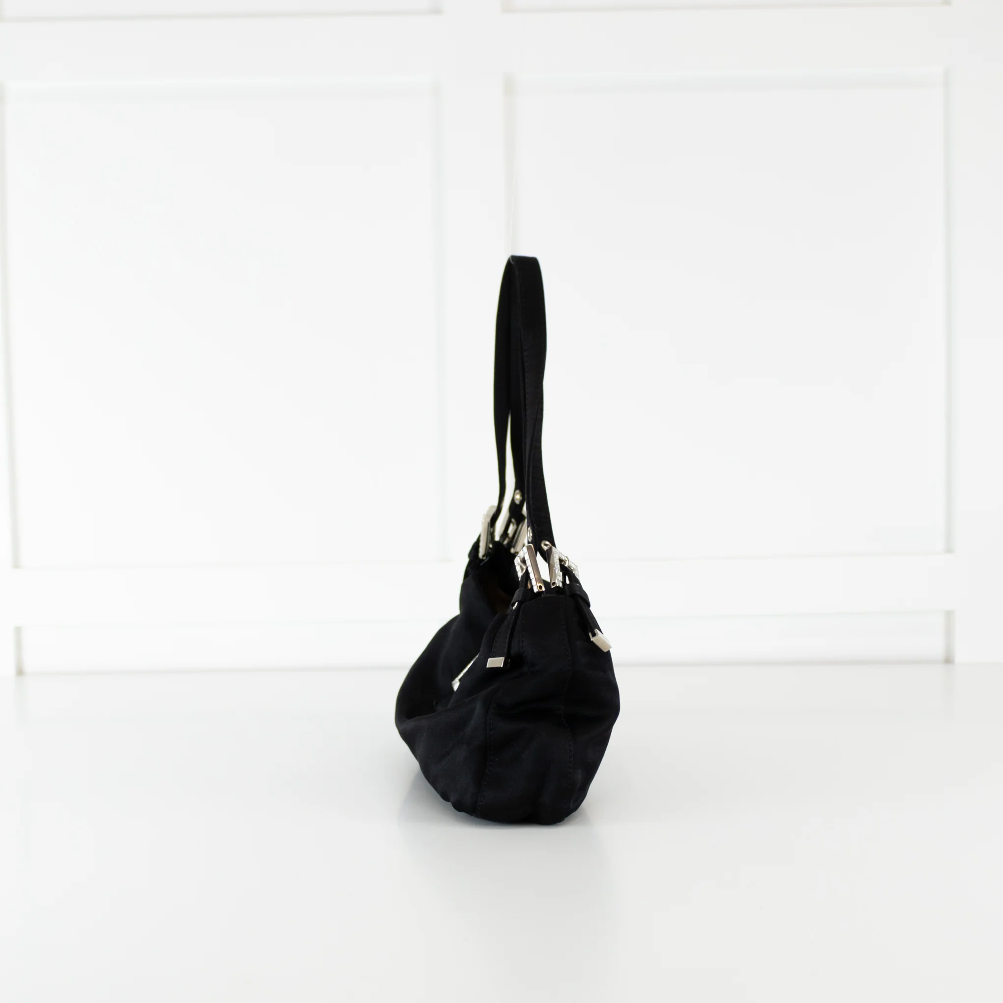 Fendi Black Satin Crystal Buckle Baguette Bag - Image 5