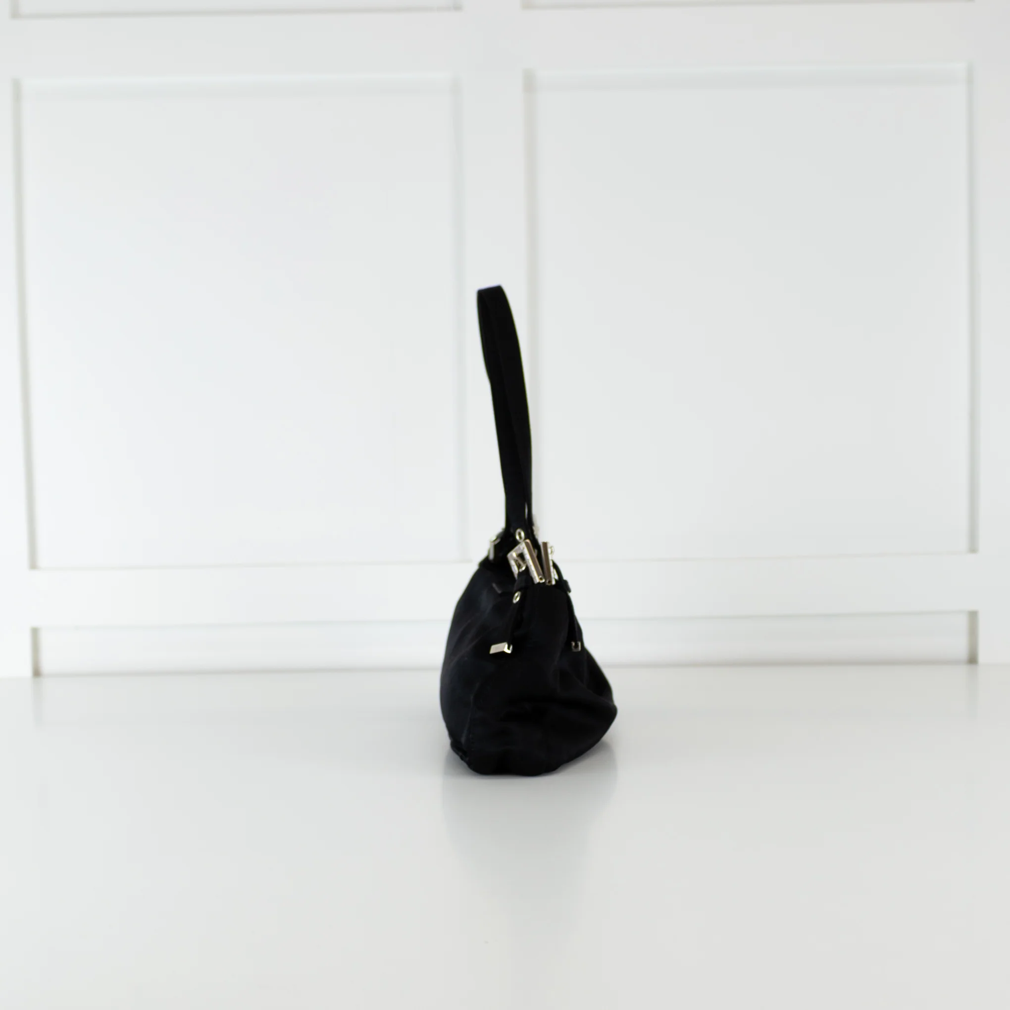 Fendi Black Satin Crystal Buckle Baguette Bag - Image 7