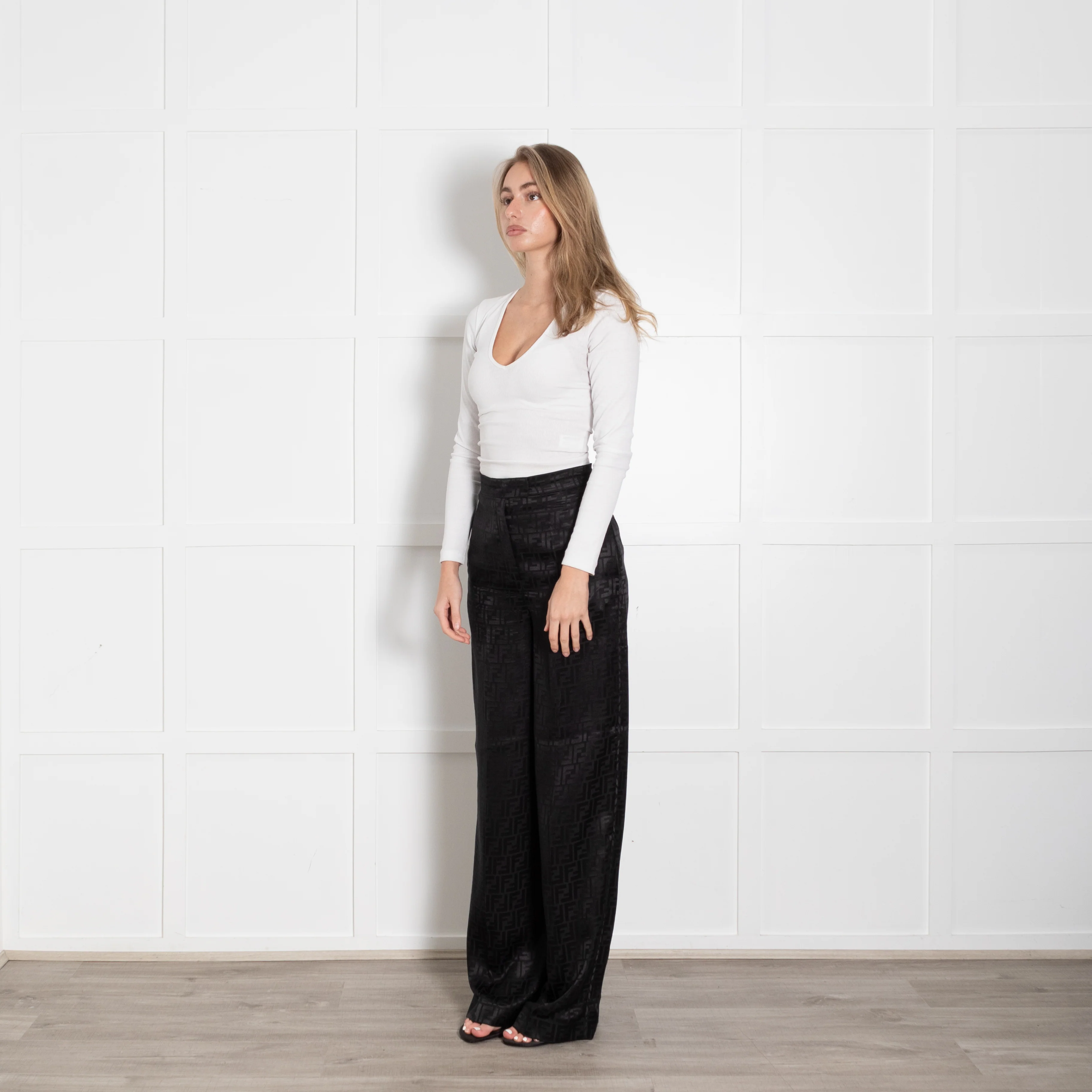 Fendi Black Silk Self Logo Wide Leg Trousers - Image 3