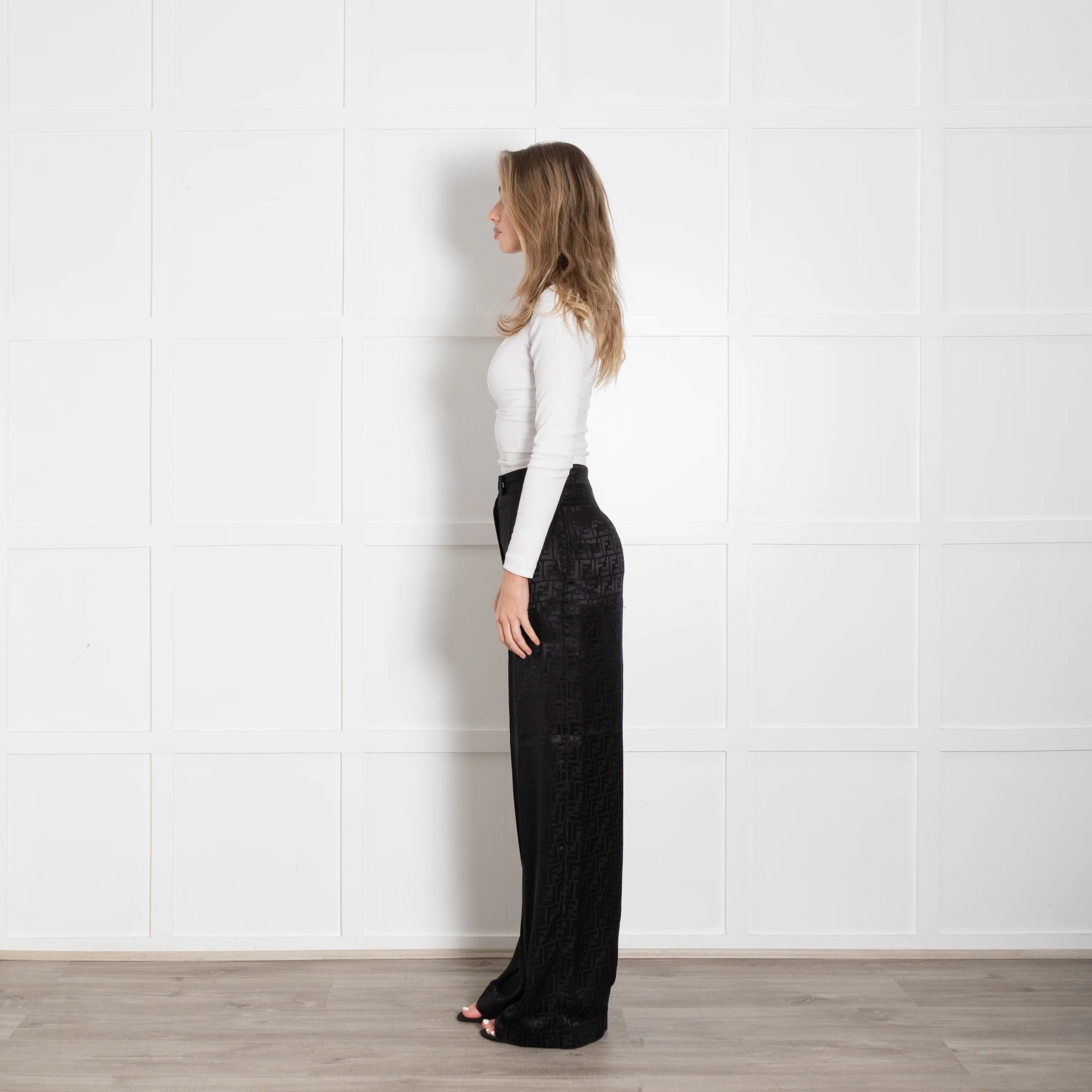 Fendi Black Silk Self Logo Wide Leg Trousers - Image 4