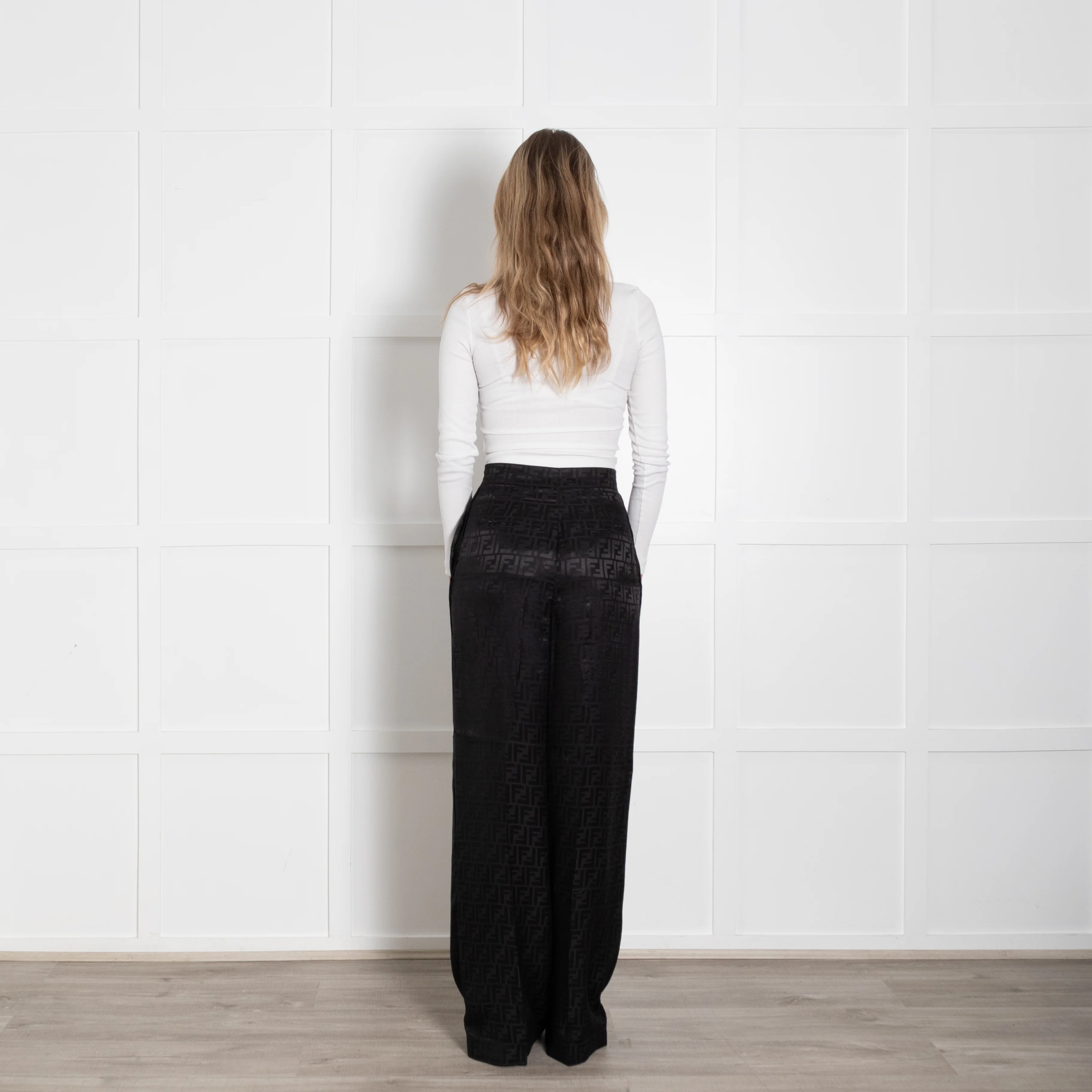 Fendi Black Silk Self Logo Wide Leg Trousers - Image 5