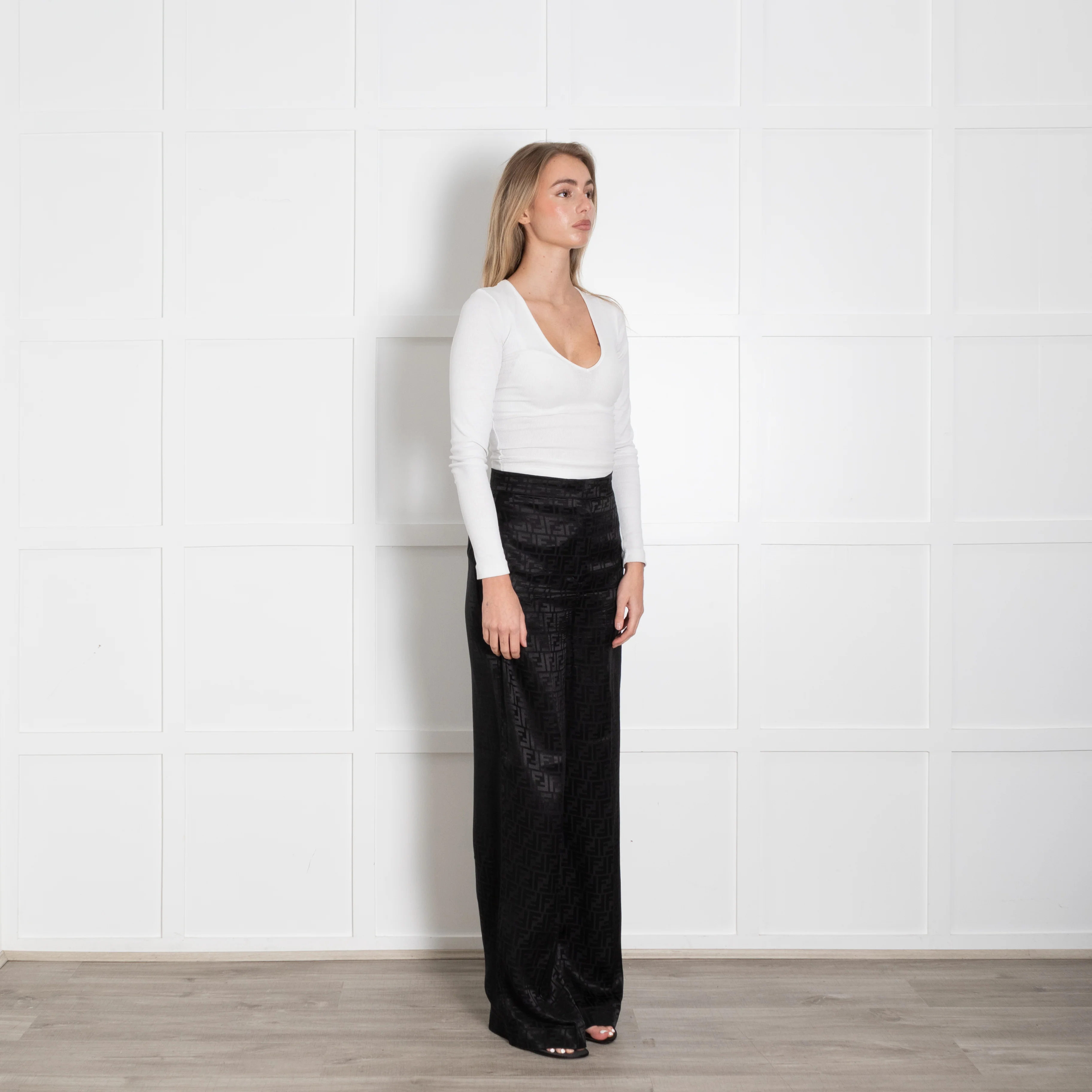 Fendi Black Silk Self Logo Wide Leg Trousers - Image 7