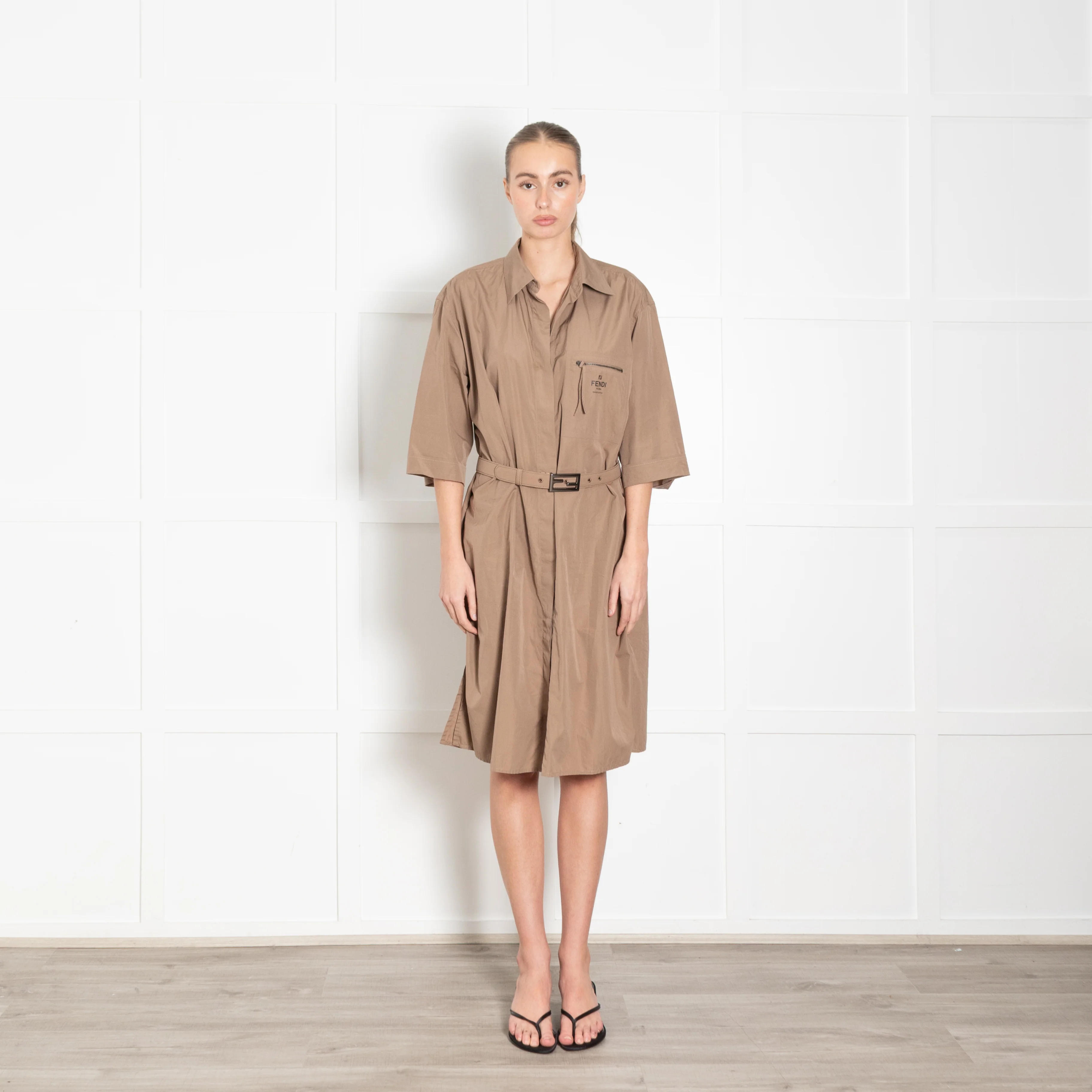 Fendi Brown Cotton Shirt Dress With Belt