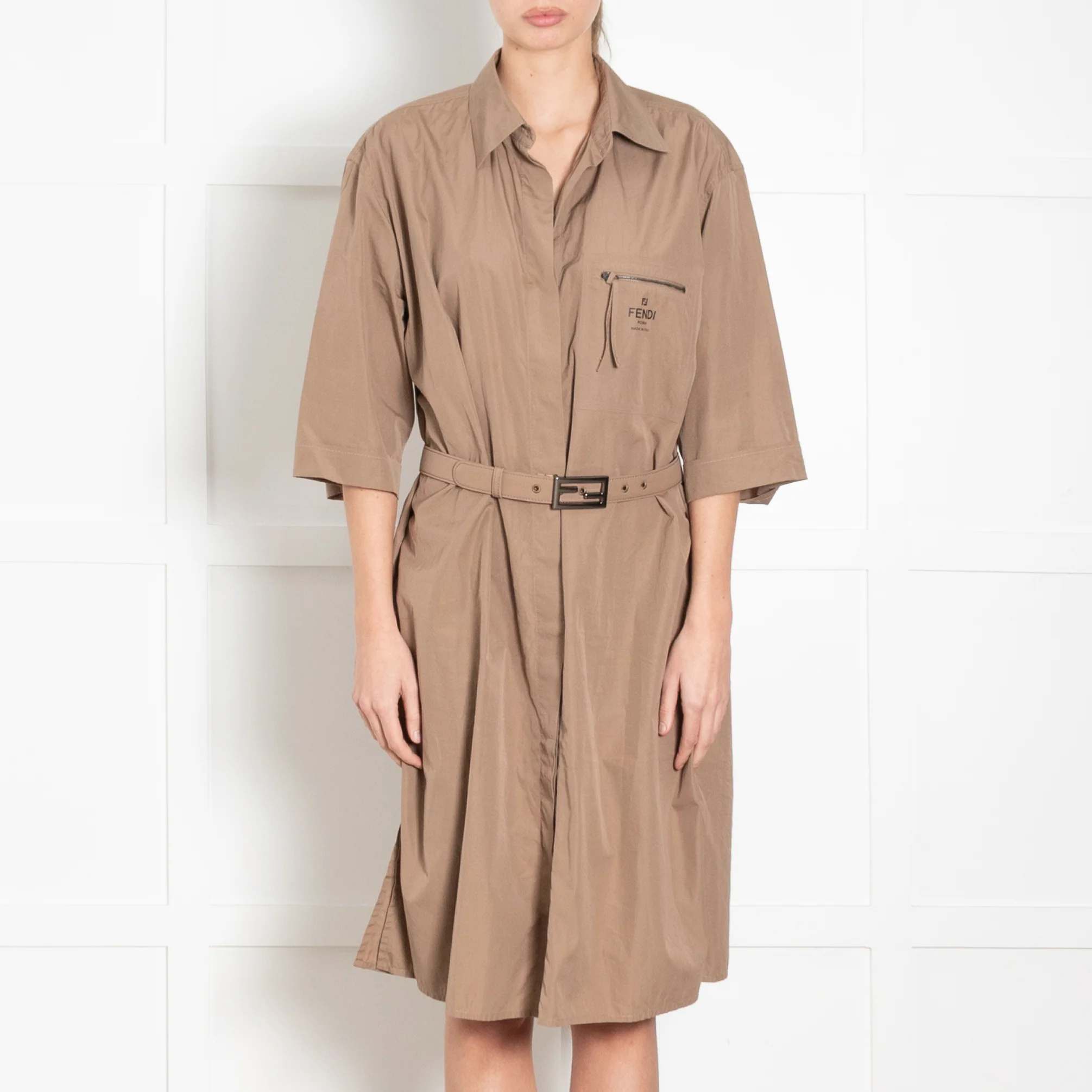 Fendi Brown Cotton Shirt Dress With Belt - Image 2