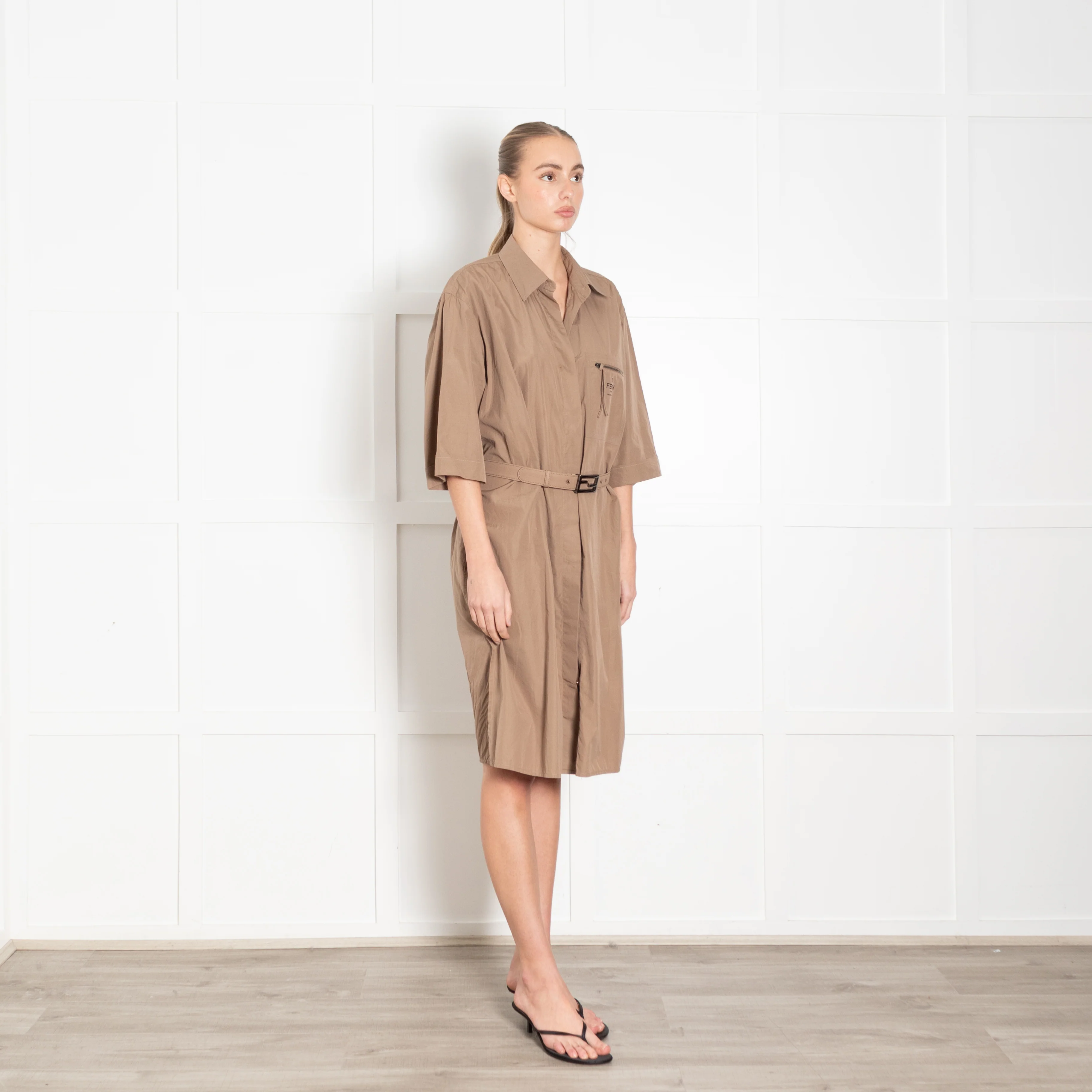 Fendi Brown Cotton Shirt Dress With Belt - Image 7