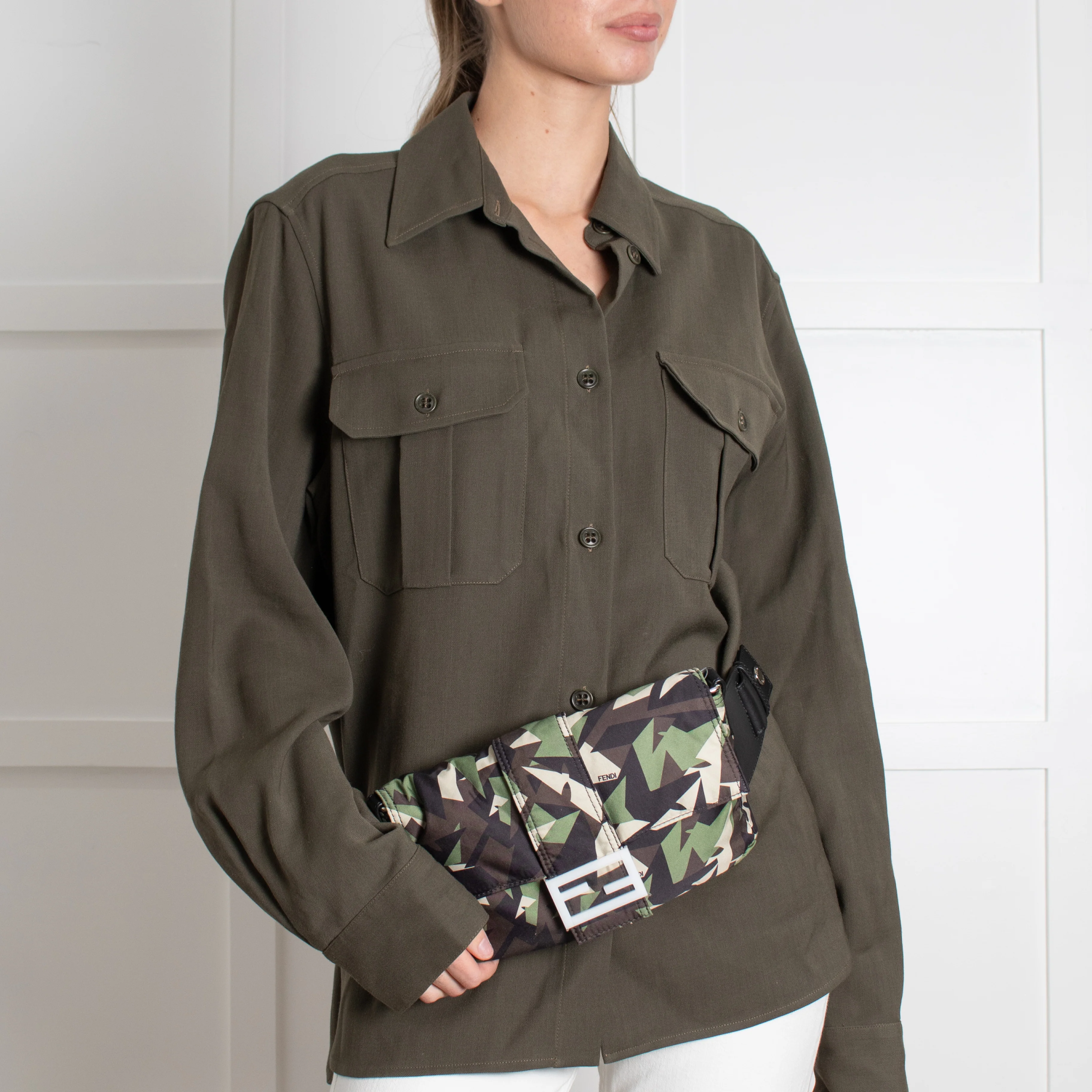Fendi Green Nylon Camouflage Convertible Baguette Satchel - Image 6