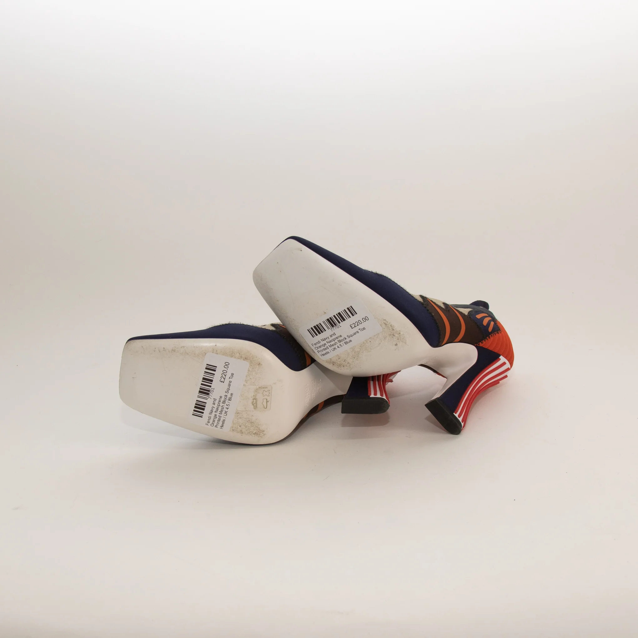 Fendi Navy and Orange Neoprene Printed Mesh Block Square Toe Heels - Image 6