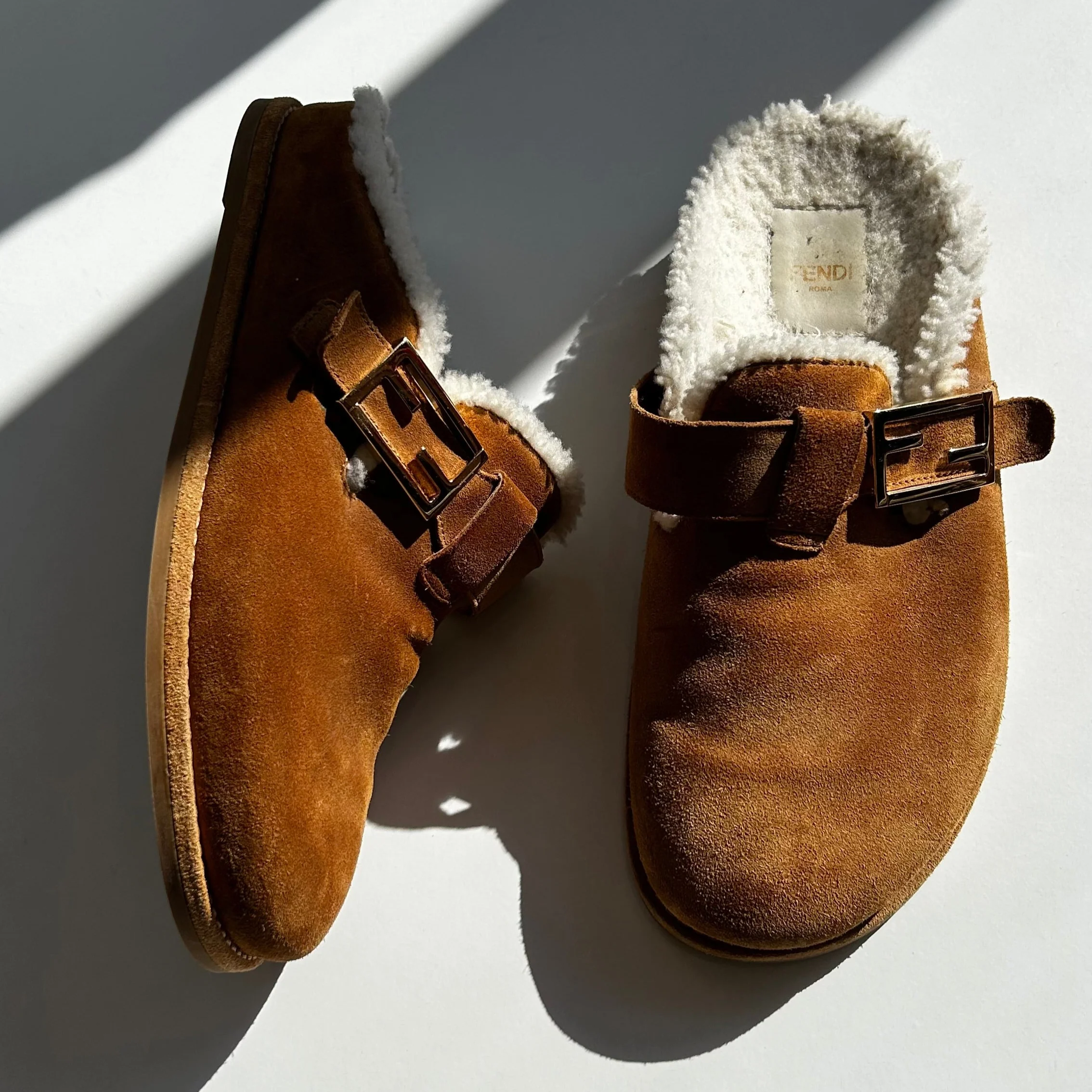 Fendi Suede And Sheepskin Brown Flat Clogs - Image 2