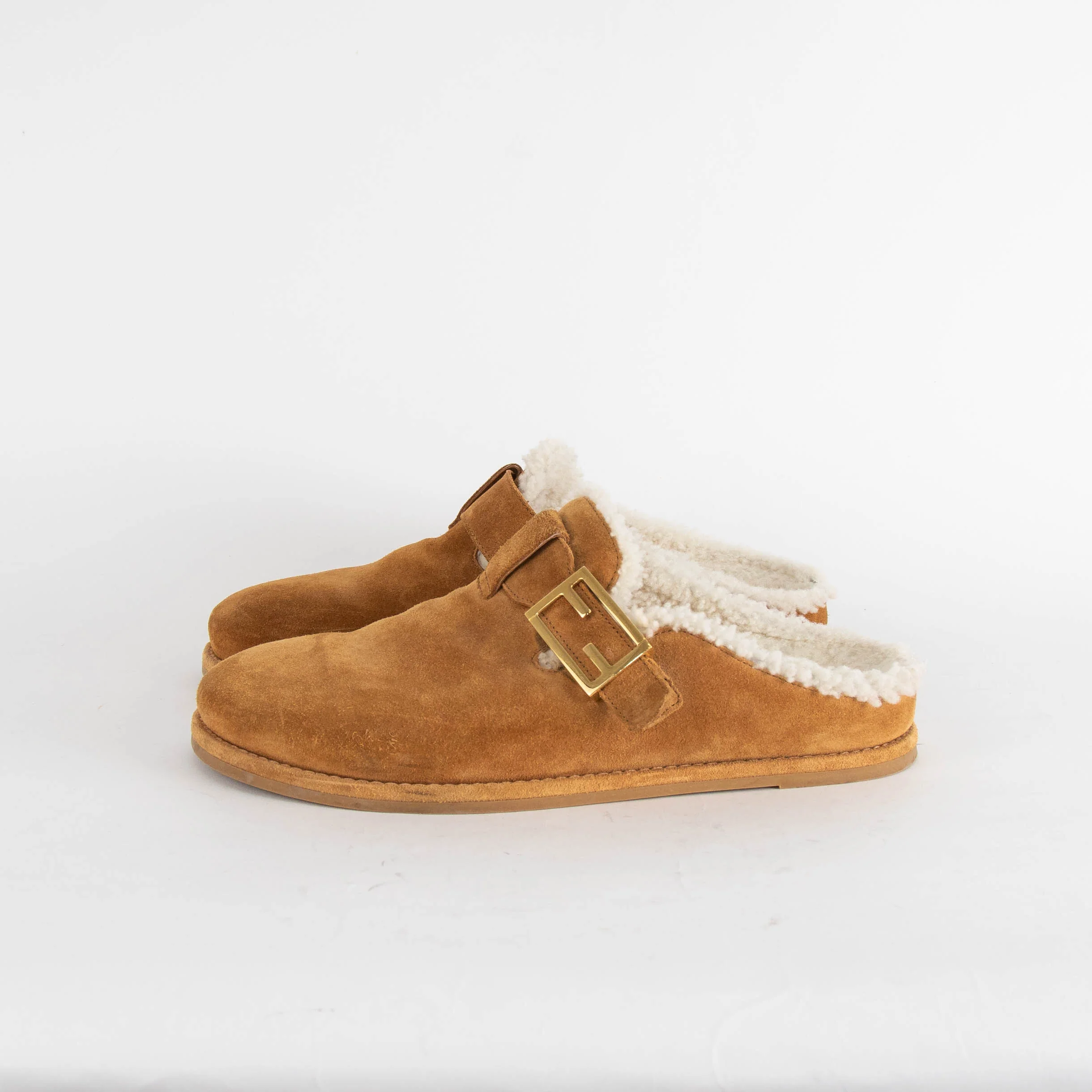 Fendi Suede And Sheepskin Brown Flat Clogs - Image 4