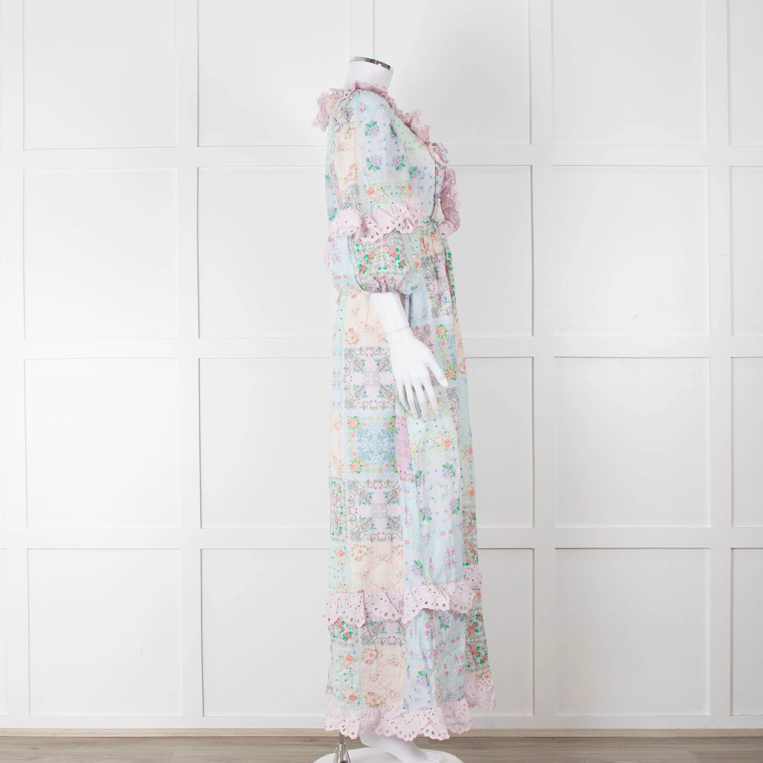 Fillyboo Pastel Blue Pink Floral Lace Trim Maxi Dress - Image 3