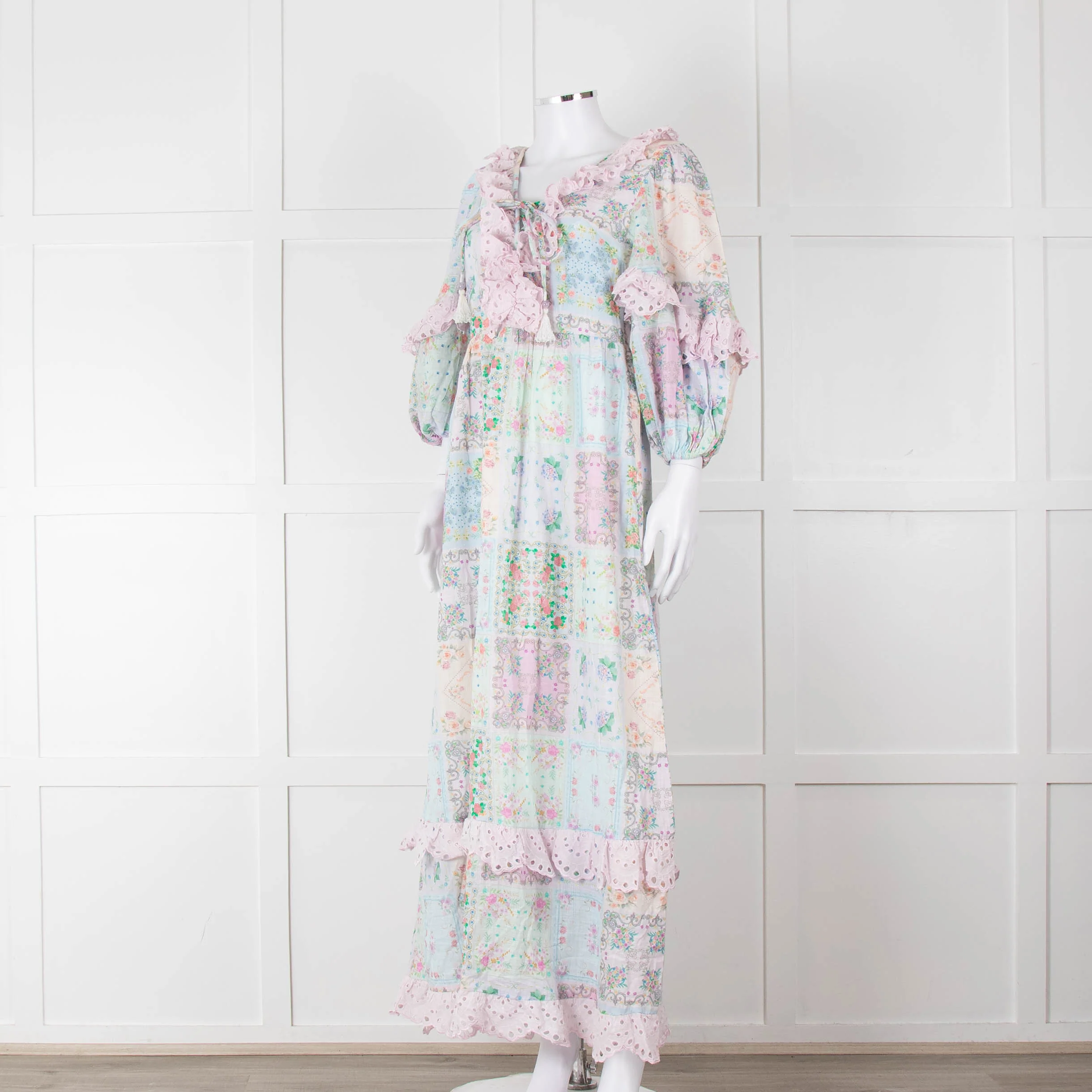 Fillyboo Pastel Blue Pink Floral Lace Trim Maxi Dress - Image 8
