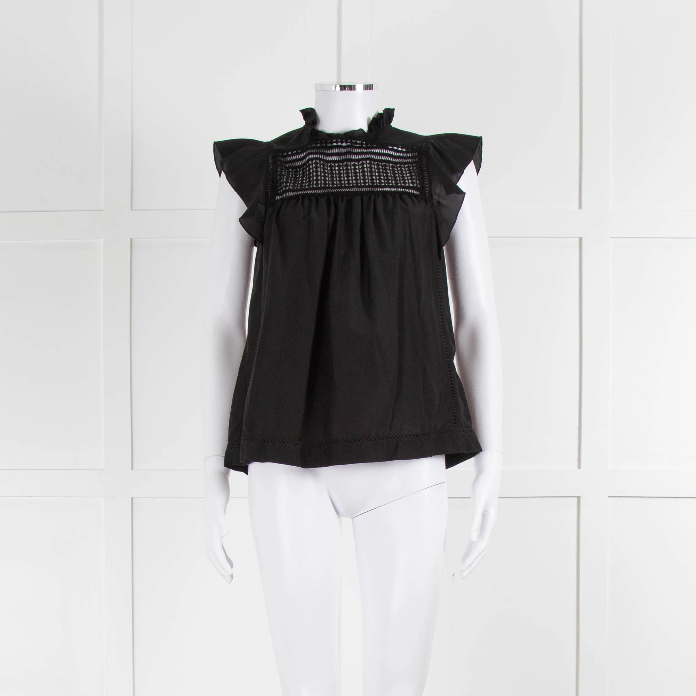 7 For All Mankind Black Cotton Silk Blend Lace Detail Top