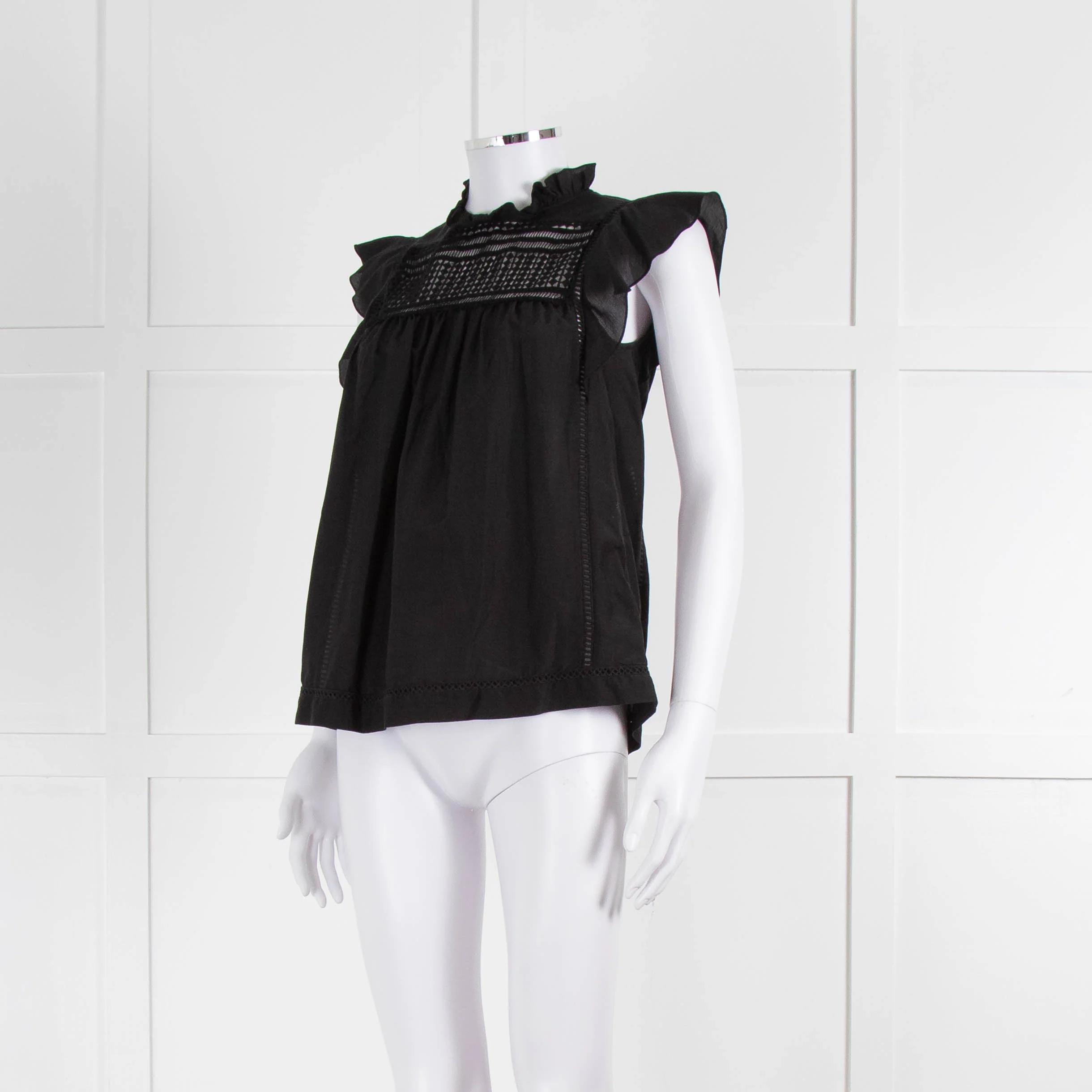 7 For All Mankind Black Cotton Silk Blend Lace Detail Top - Image 8