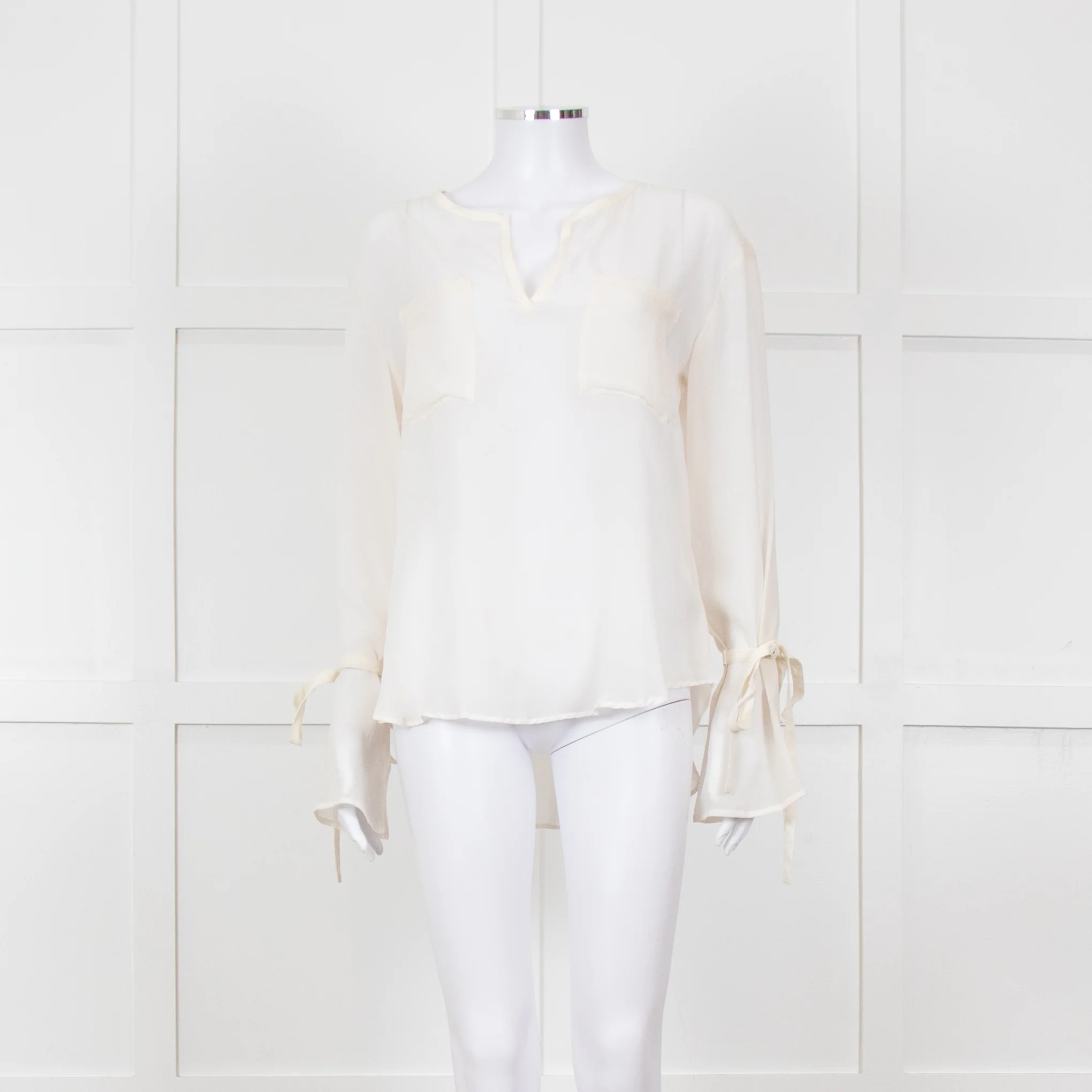 Seven For All Mankind Cream Sheer Tie Up Sleeve Detail Top