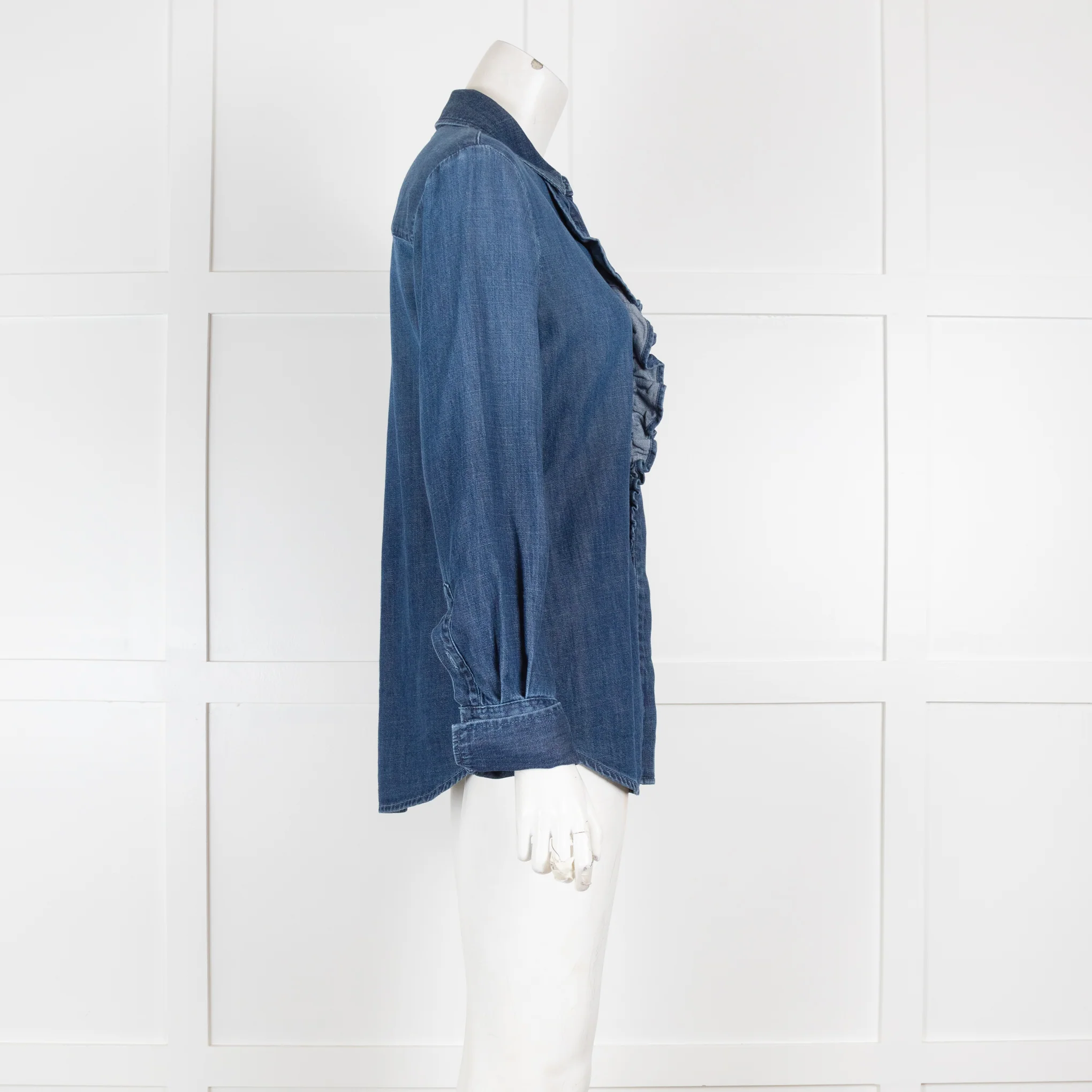 Frame Blue Denim Button Front Blouse with Frill - Image 2