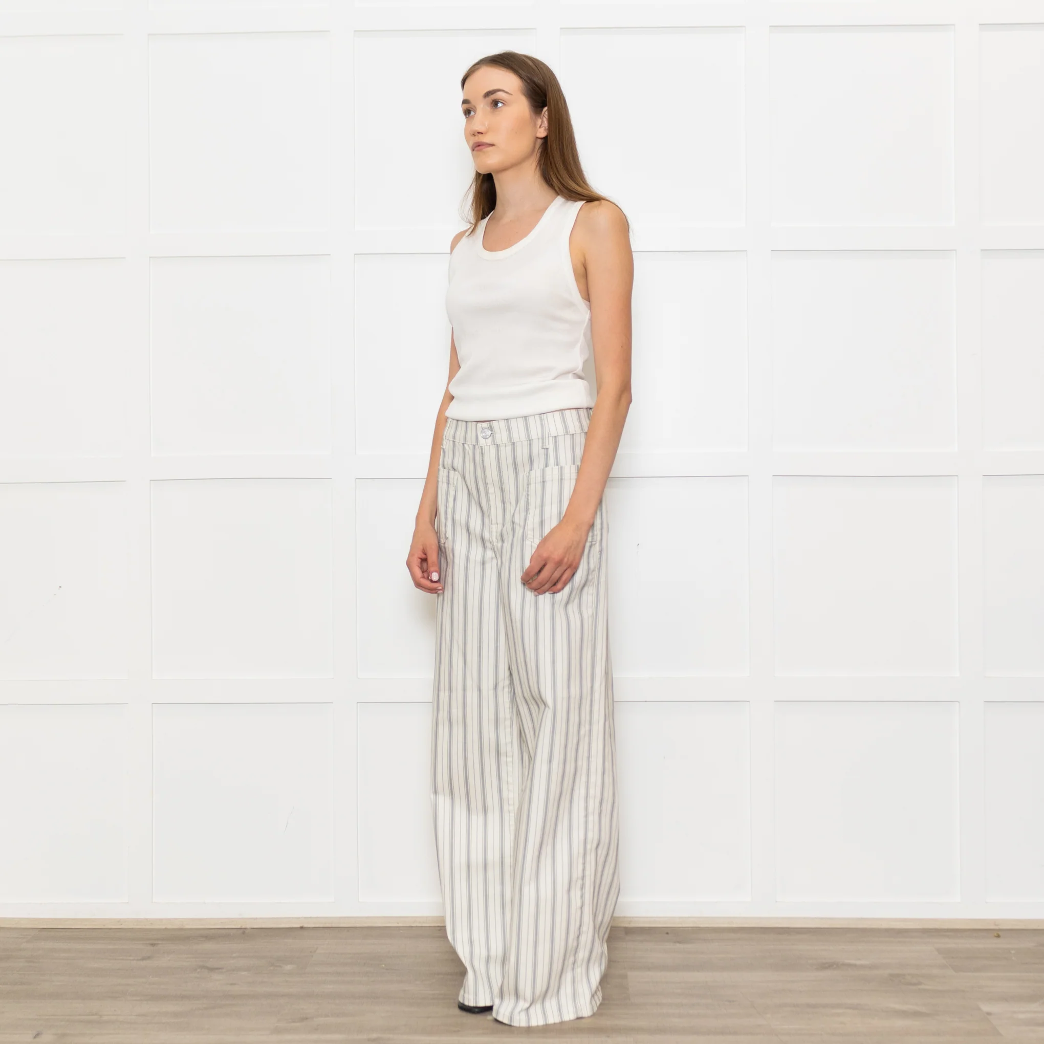 Frame Cream Grey Green Stripe Wide Leg Trousers - Image 3