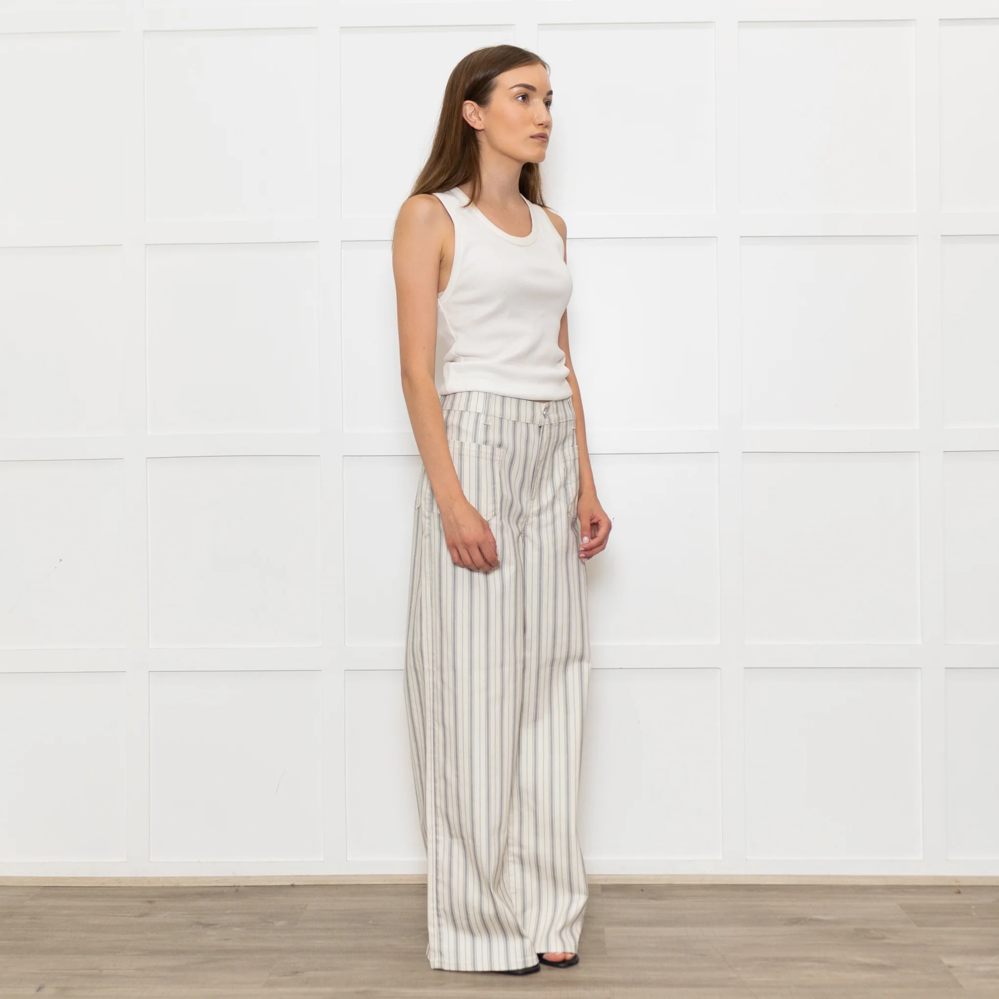 Frame Cream Grey Green Stripe Wide Leg Trousers - Image 4
