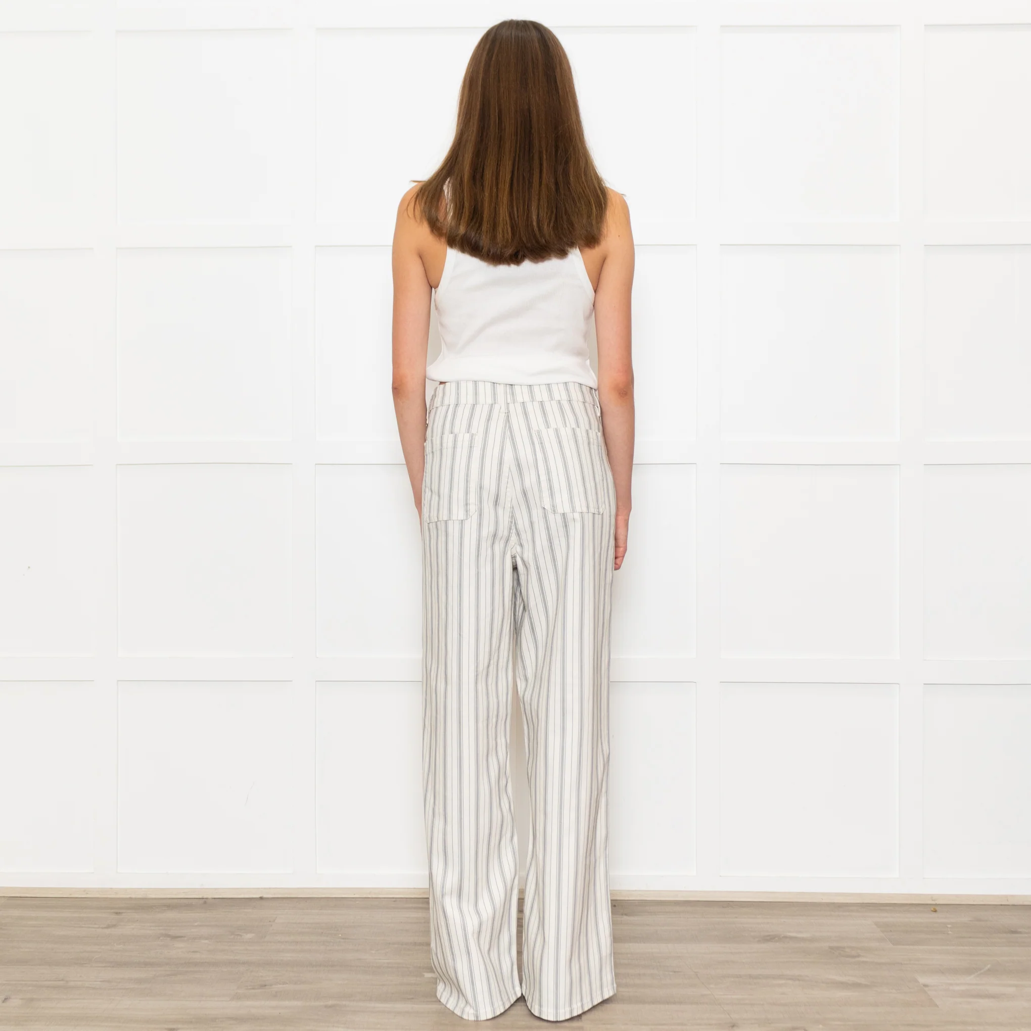 Frame Cream Grey Green Stripe Wide Leg Trousers - Image 5