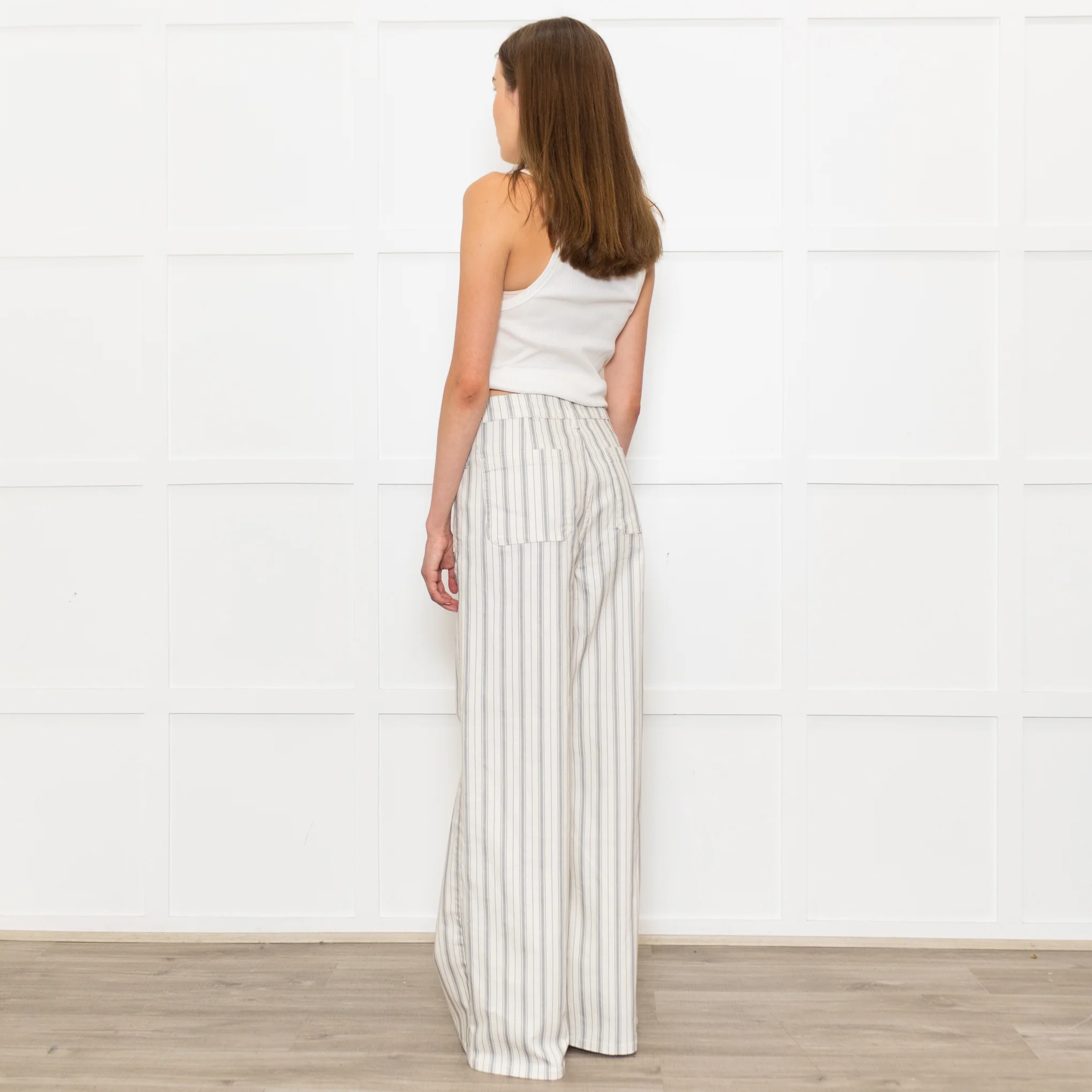 Frame Cream Grey Green Stripe Wide Leg Trousers - Image 6