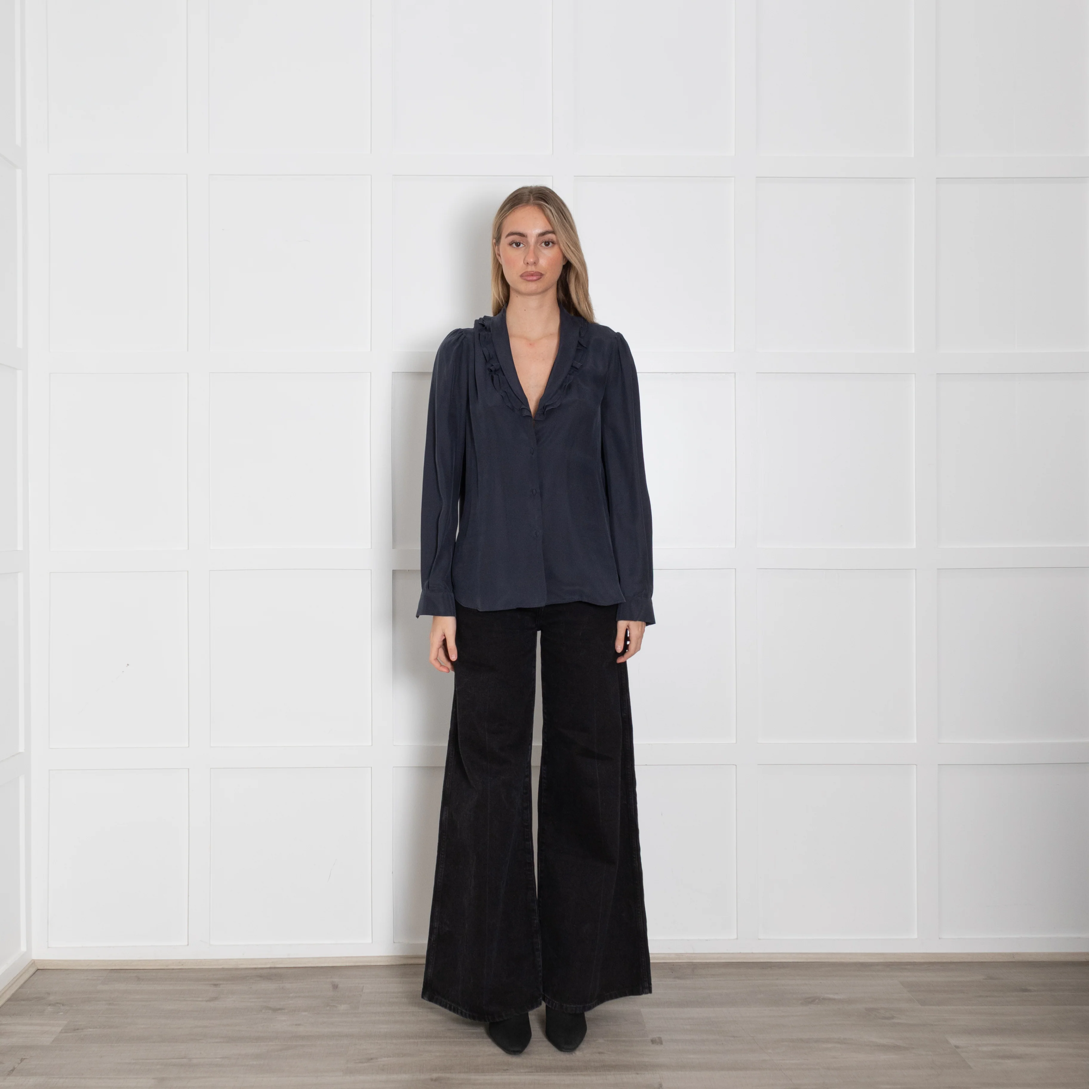 Frame Navy Blue Frill Neck Long Sleeved Blouse