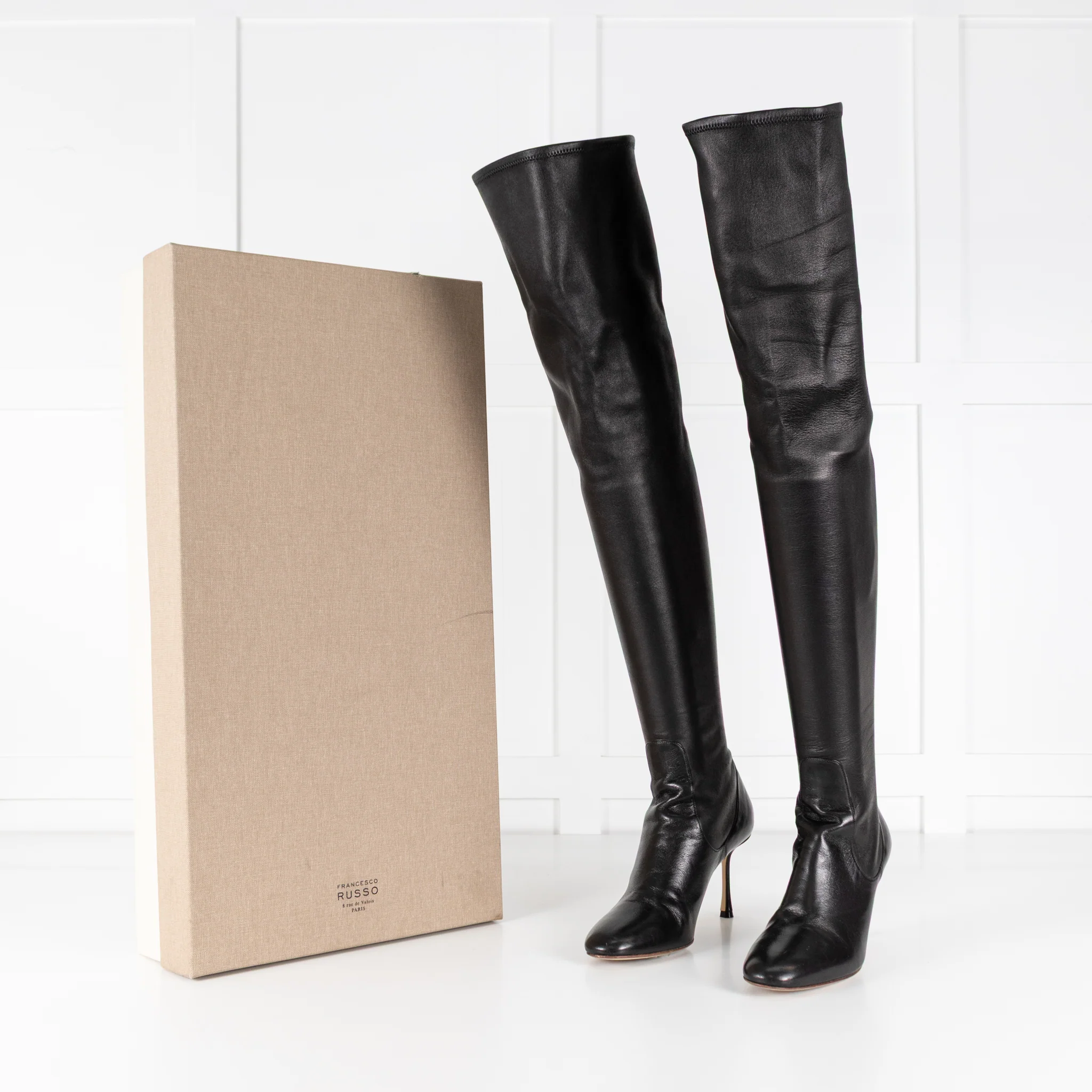 Francesco Russo Black Stretch Leather Over the Knee Boots - Image 2