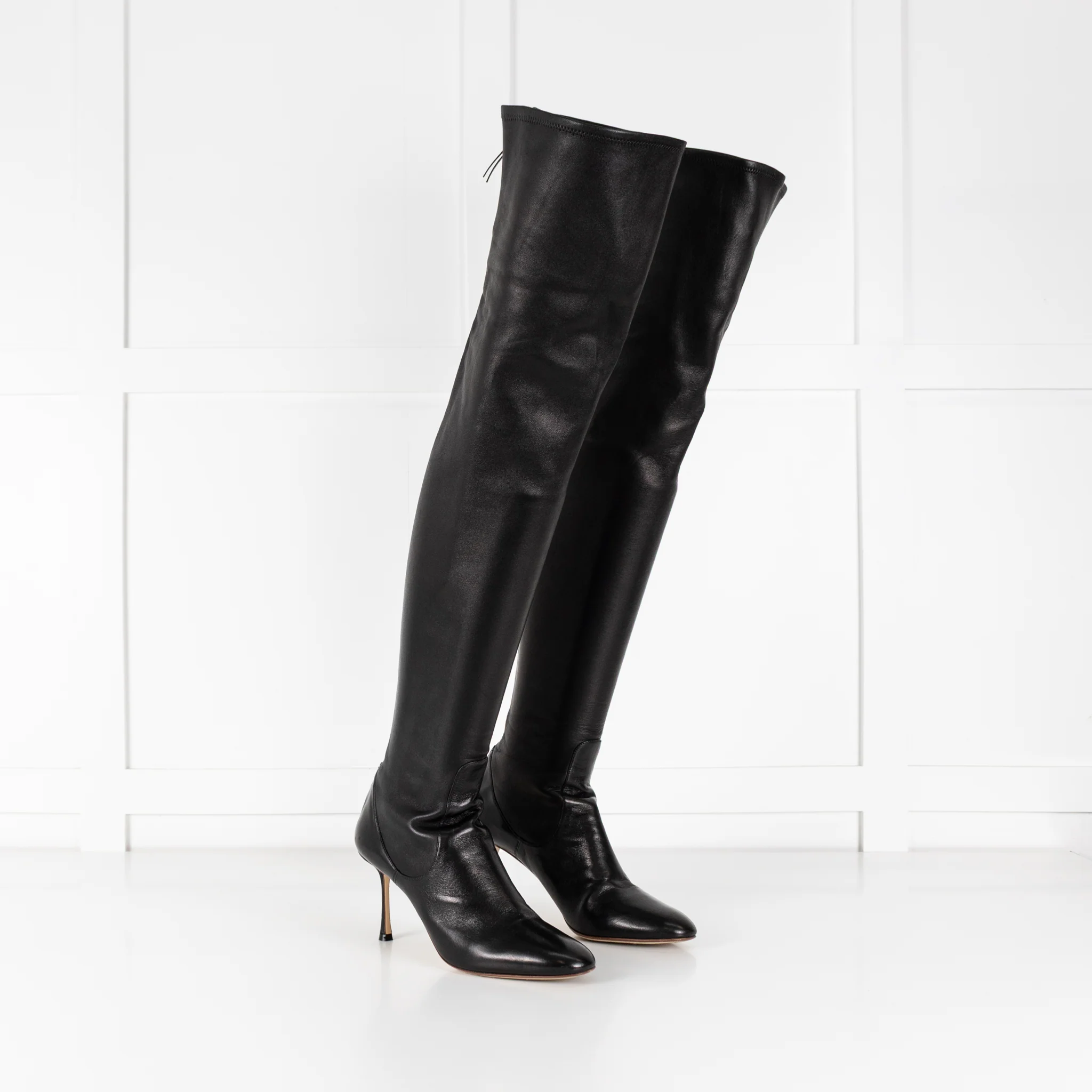 Francesco Russo Black Stretch Leather Over the Knee Boots - Image 7