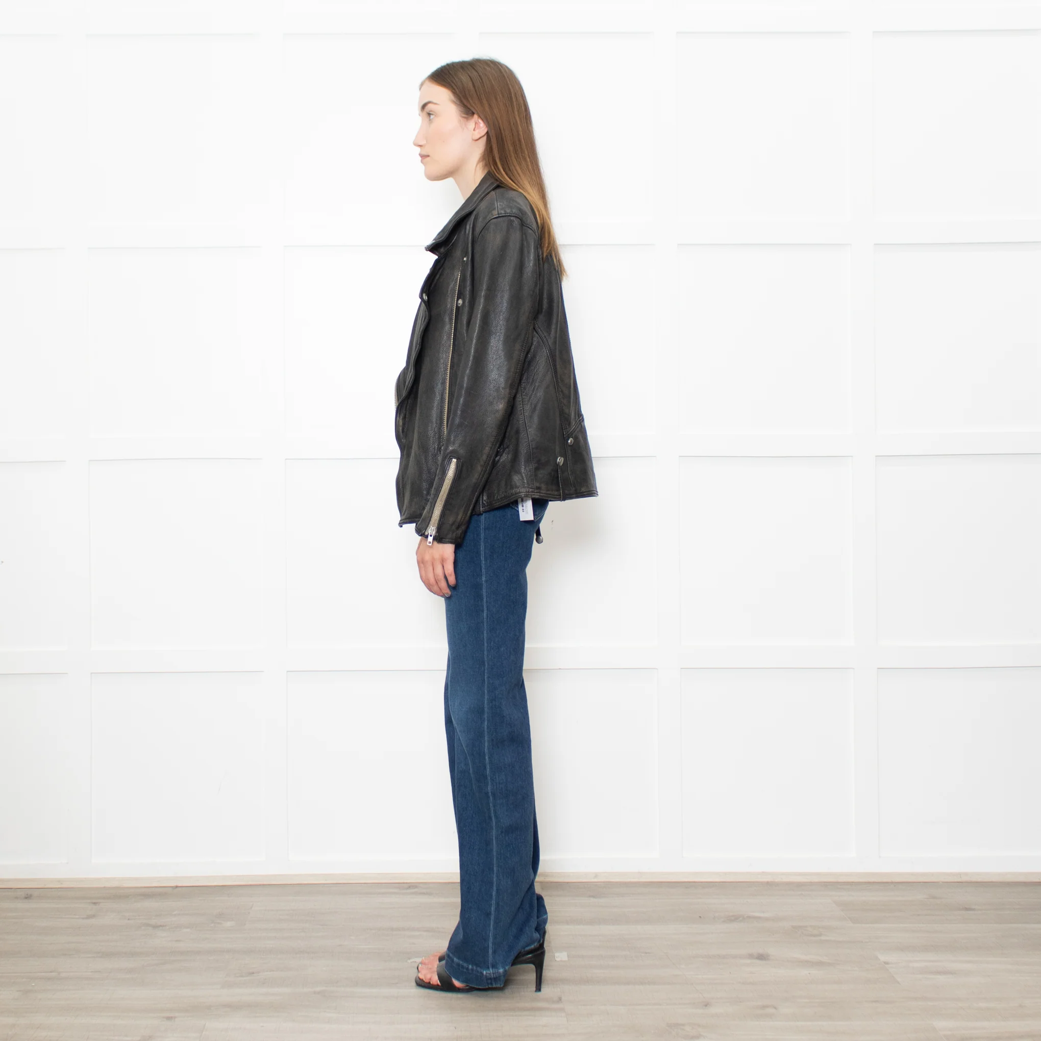 Free People Black Aged Leather Biker Jacket - Image 4