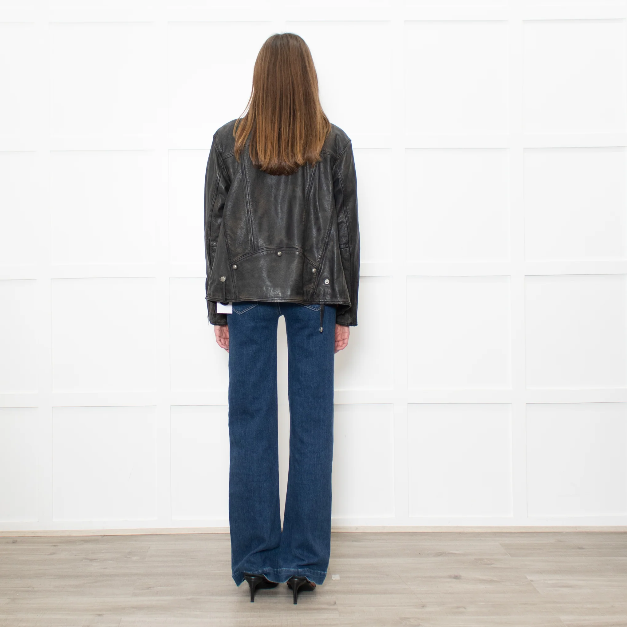 Free People Black Aged Leather Biker Jacket - Image 5