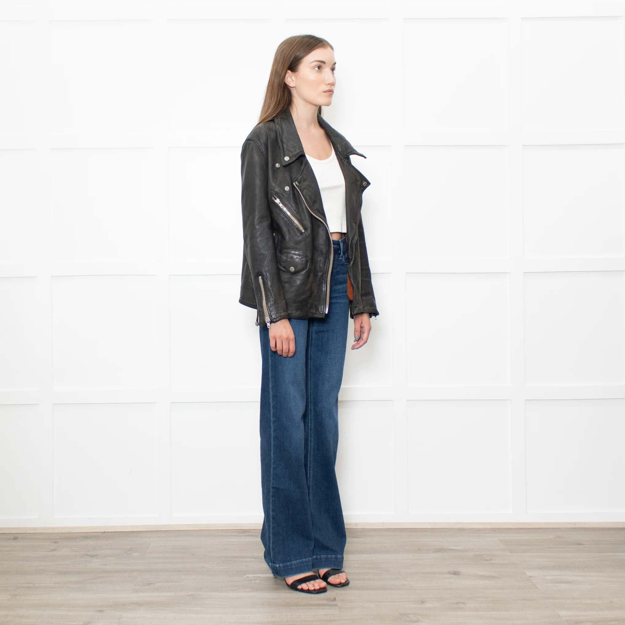 Free People Black Aged Leather Biker Jacket - Image 7